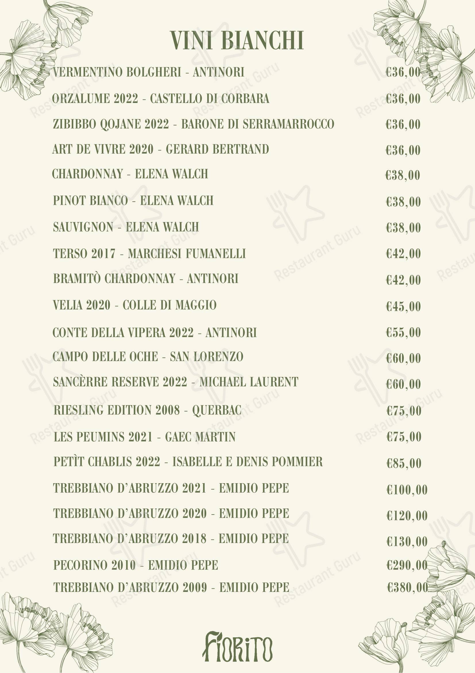 Dinner Menu ресторана Ristorante Fiorito в Риме