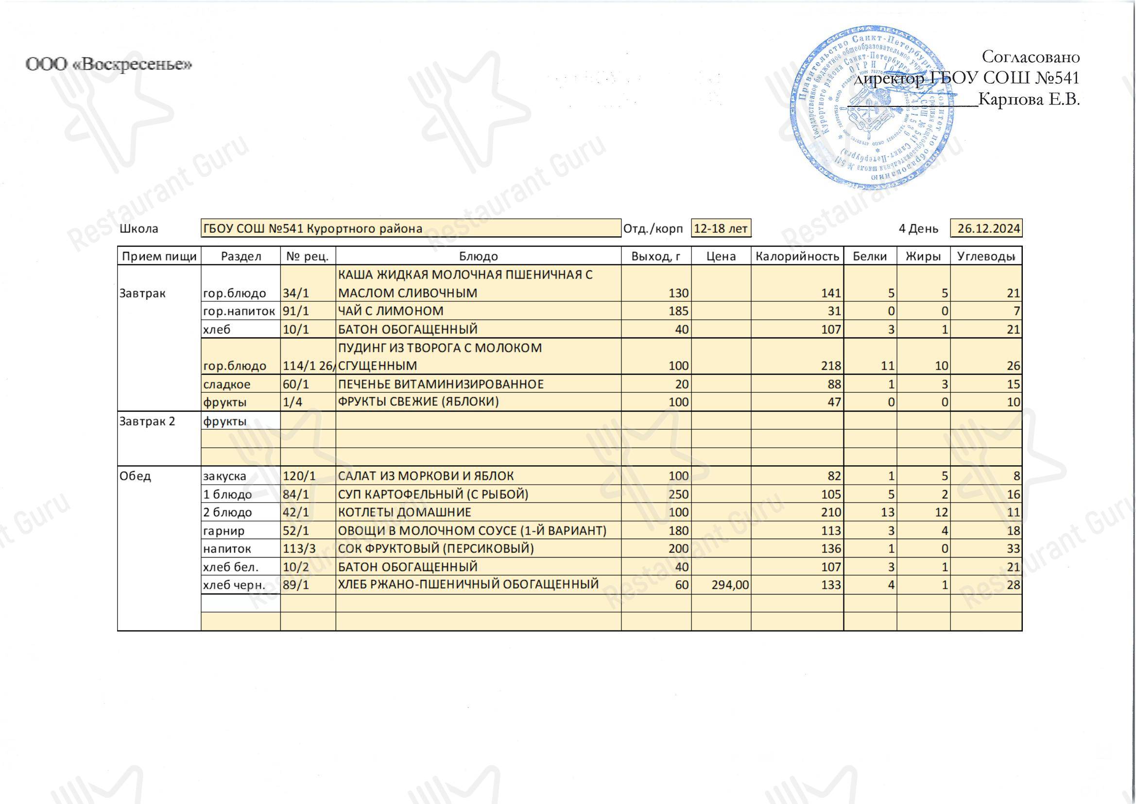 Wine / Dinner Pairing Menu кафетерия Столовая школы № 541 в Сестрорецке
