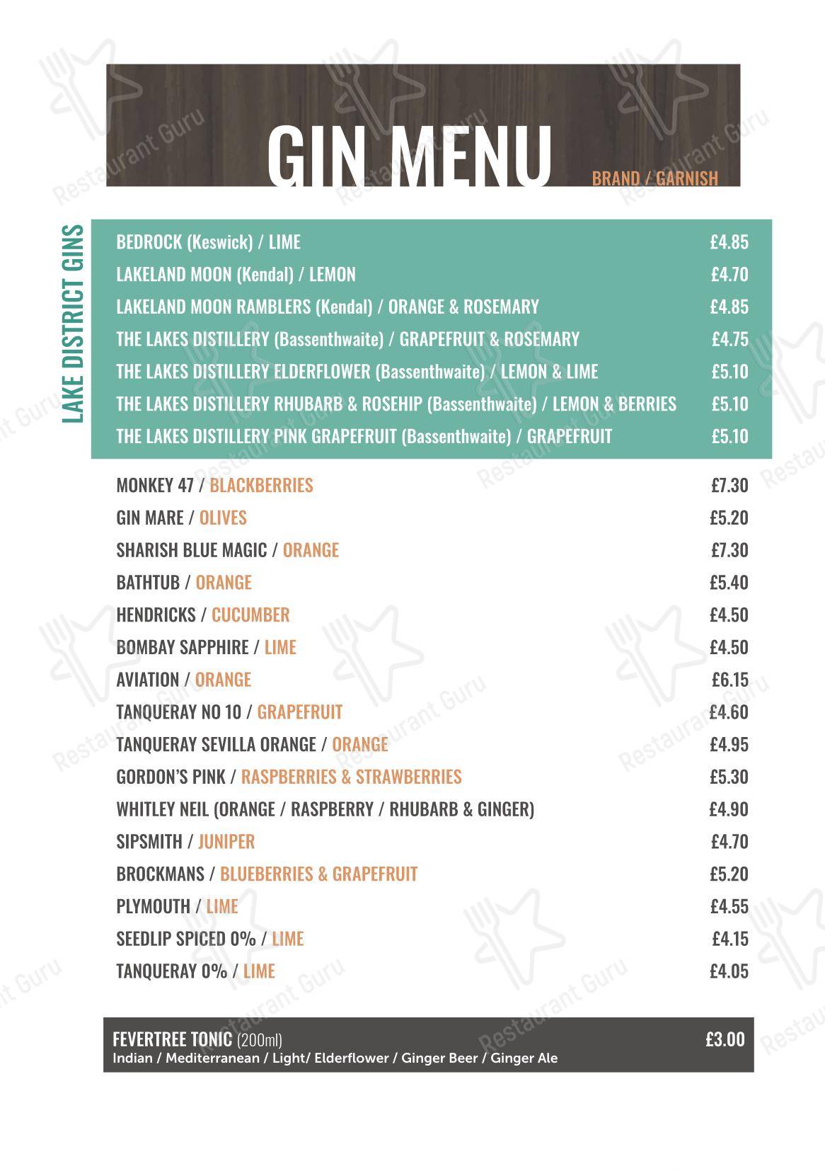 Ночное меню паба и бара The Back Bar, Keswick