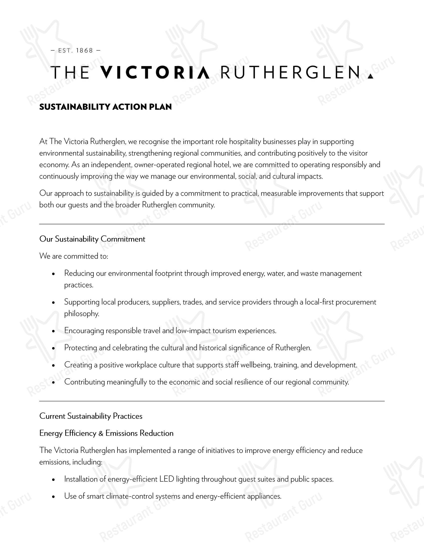 Основное меню паба и бара The Victoria Hotel Rutherglen в Рутерглене