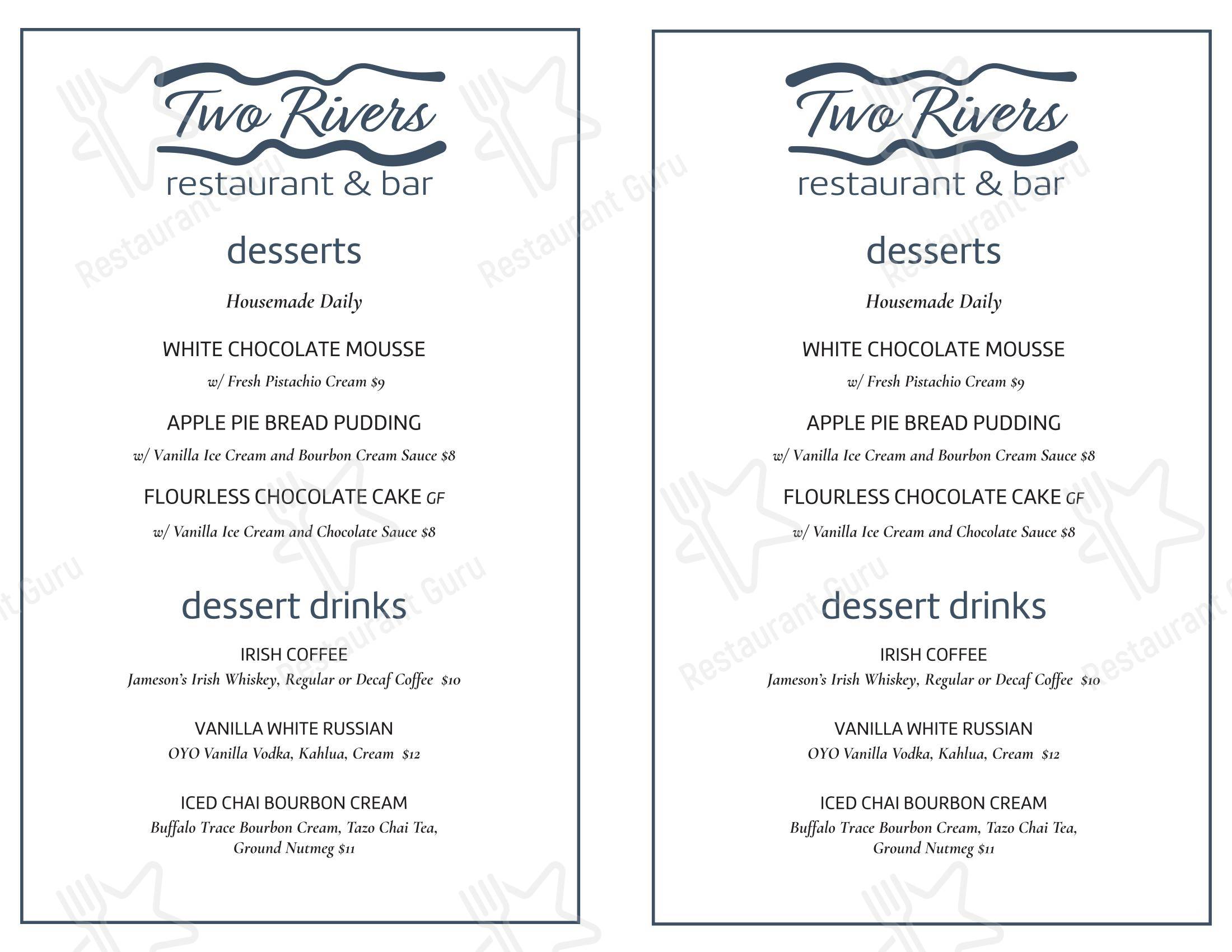 Меню Two Rivers Restaurant and Bar - блюда и напитки