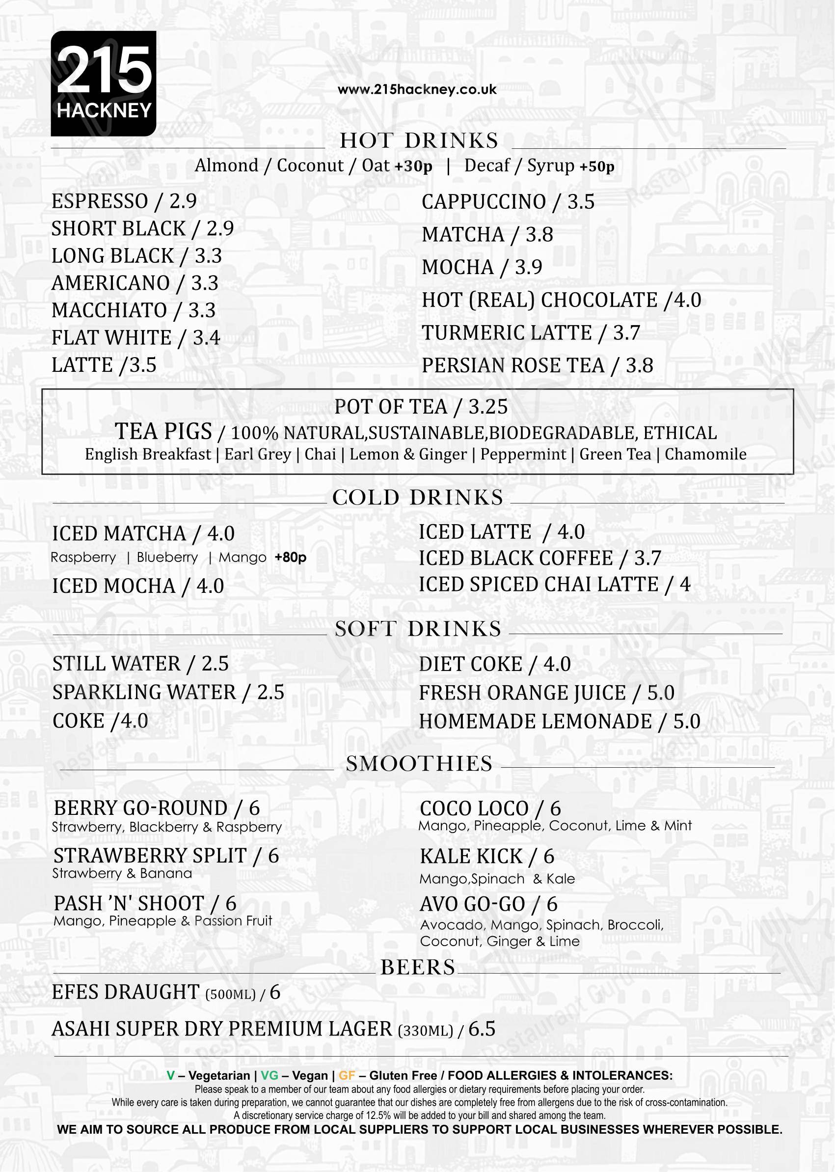 Меню кафе 215 Hackney Cafe & Brunch - Меню