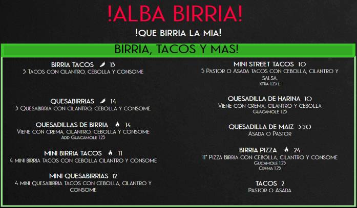 ¡ALBA BIRRIA! меню