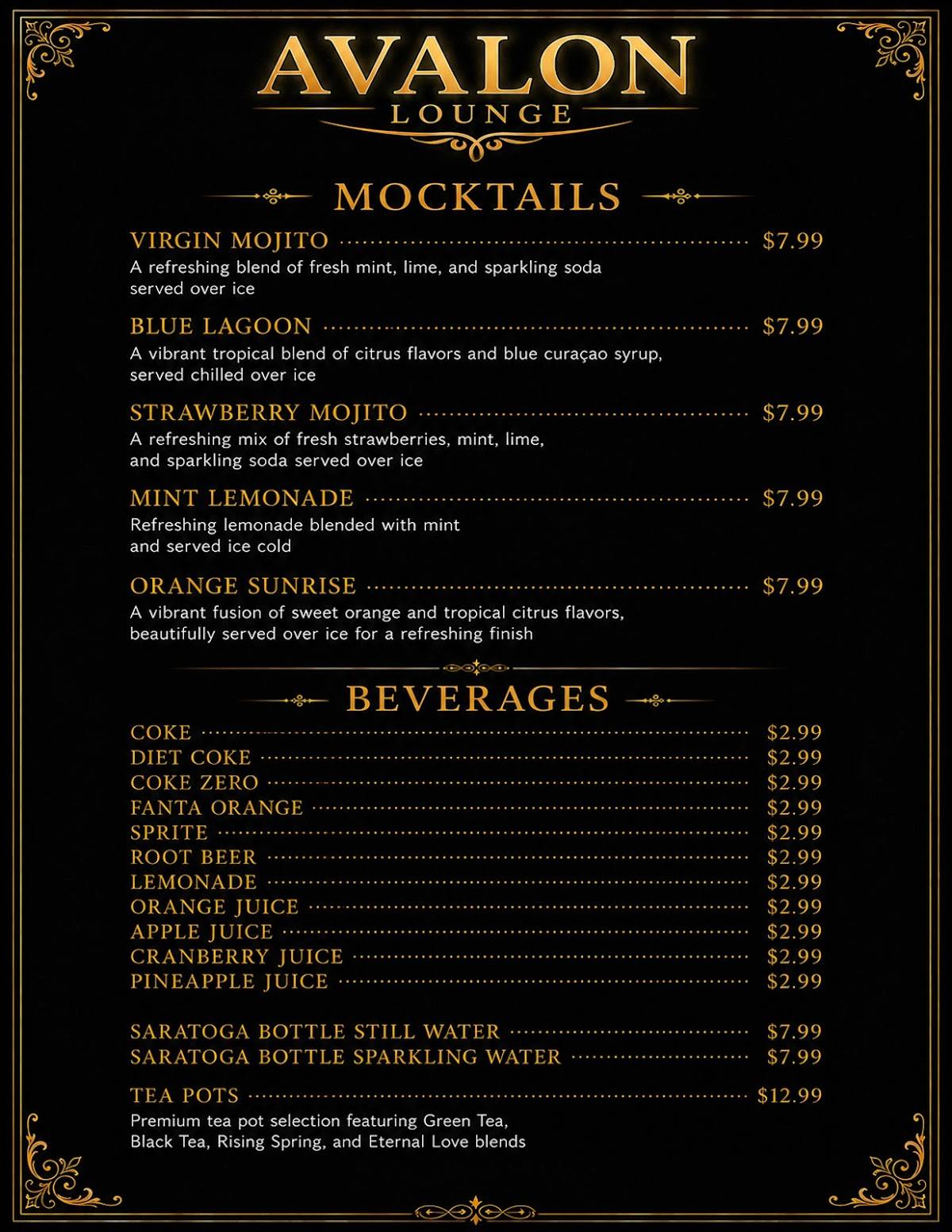 Avalon Lounge Mediterranean Restaurant меню