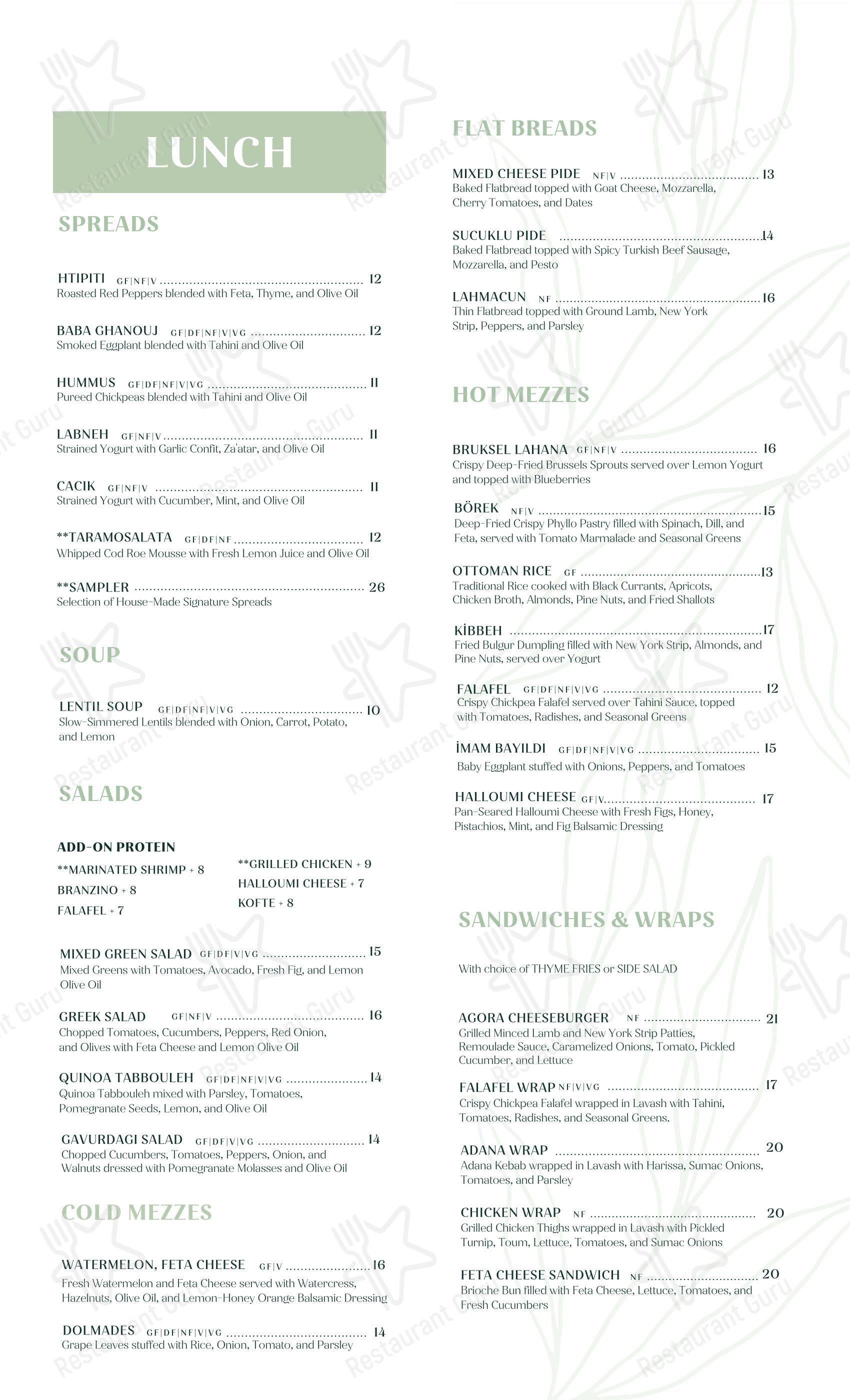 Agora Tysons Mediterranean Restaurant в Маклине - Lunch Menu