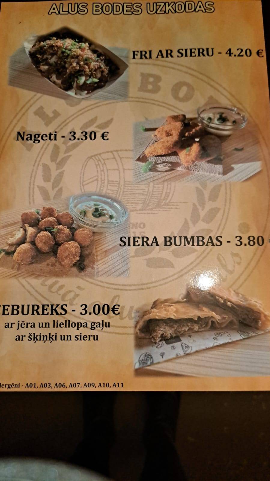 Alus Bode, lejamais alus, BĀRS меню