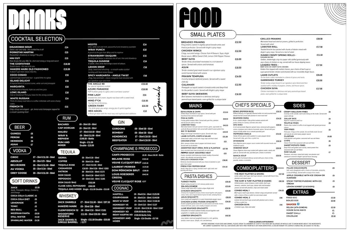 Angle Restaurant and Lounge меню