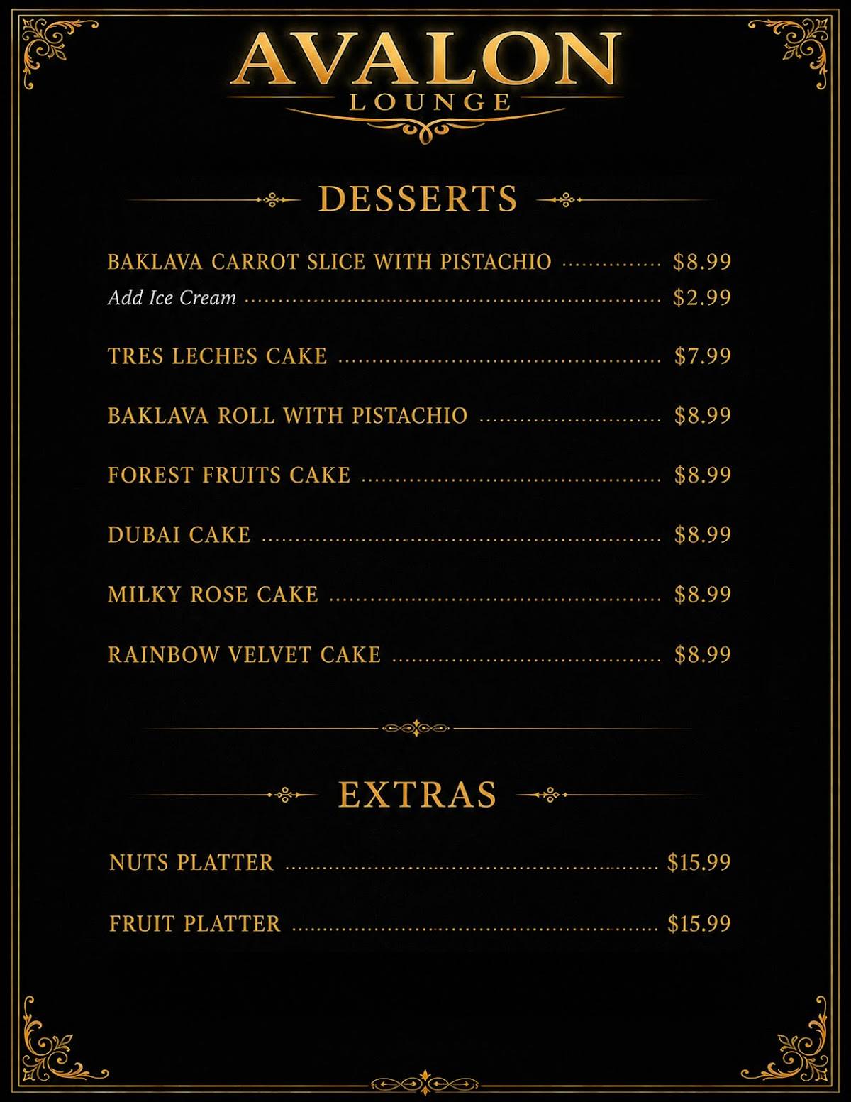 Avalon Lounge Mediterranean Restaurant меню