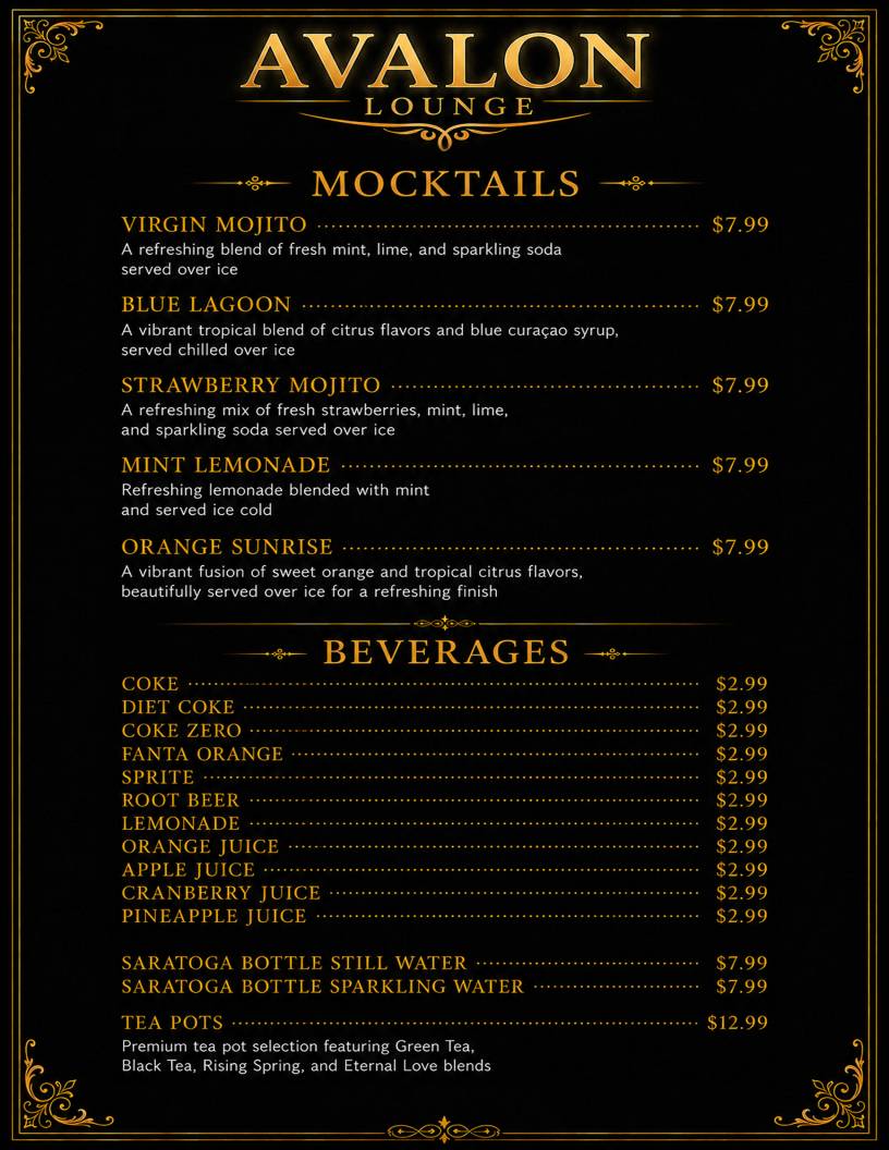 Avalon Lounge Mediterranean Restaurant меню