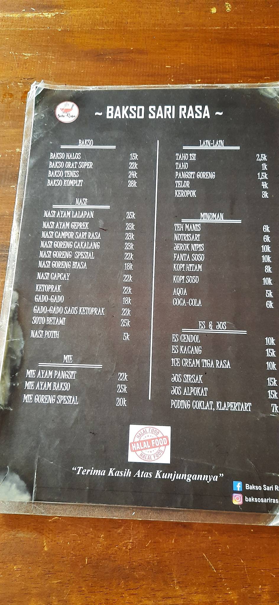 BAKSO SARI RASA меню