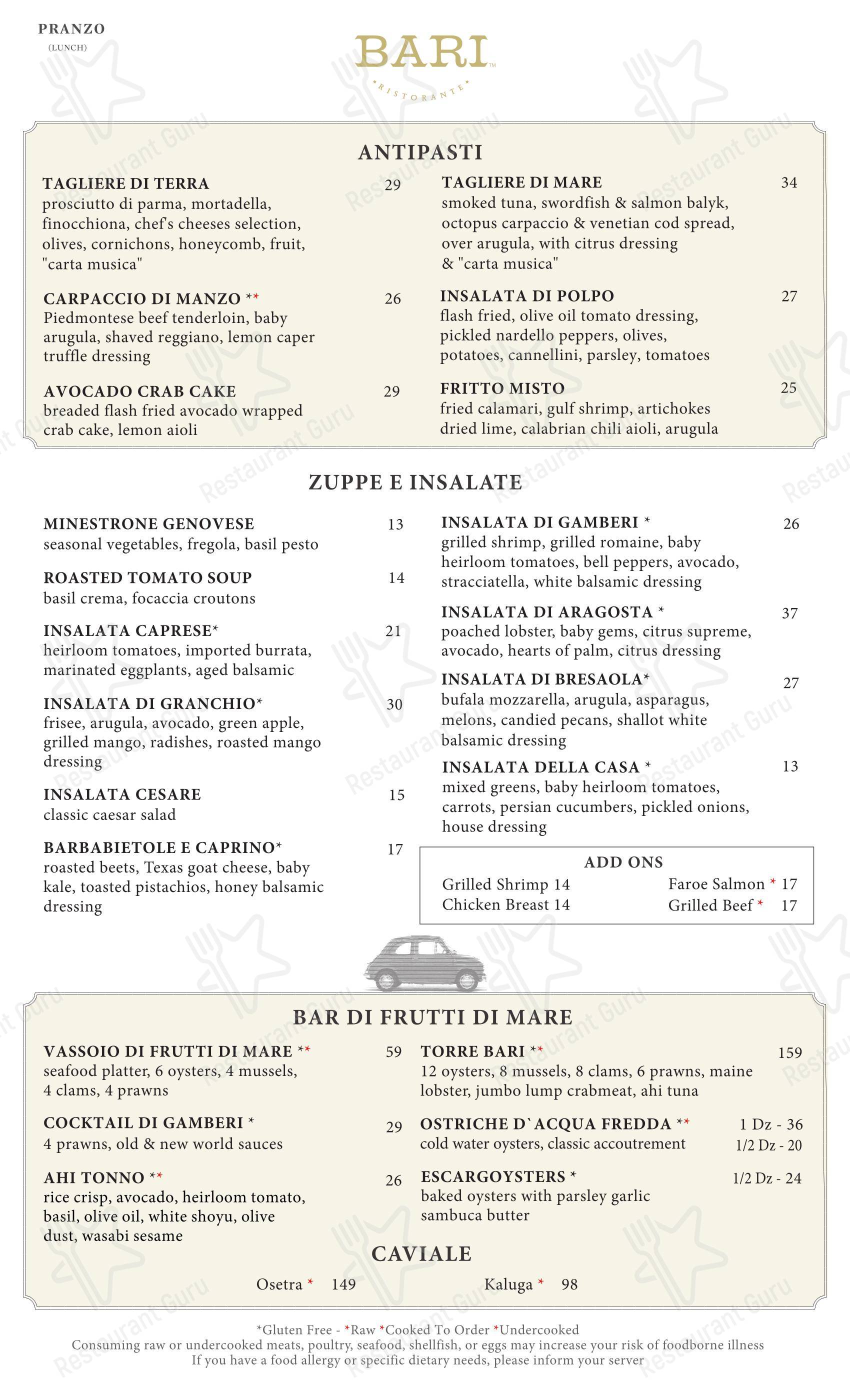 Коктейльная карта паба и бара BARI Ristorante в Хьюстоне