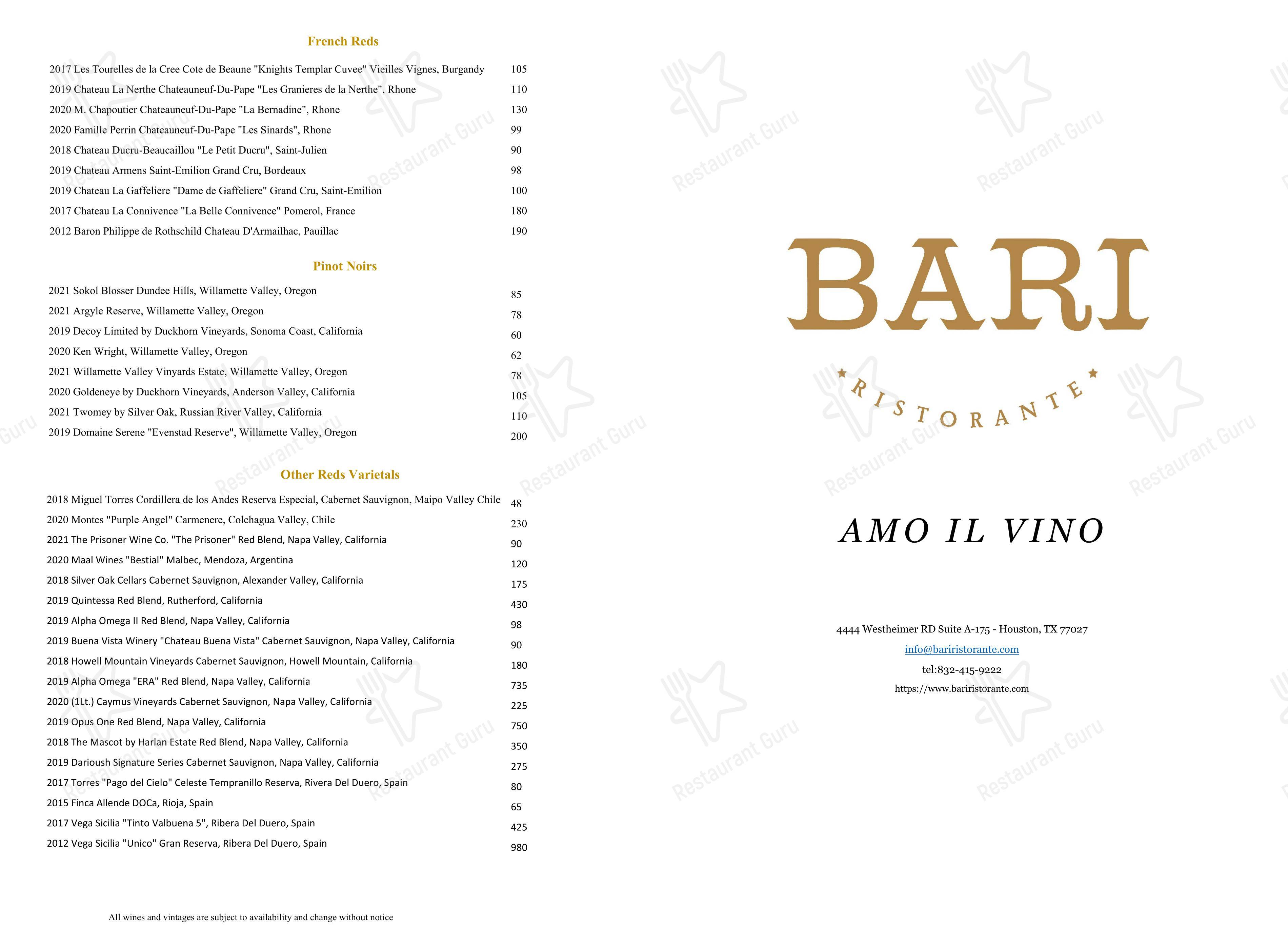Takeaway Menu паба и бара BARI Ristorante в Хьюстоне