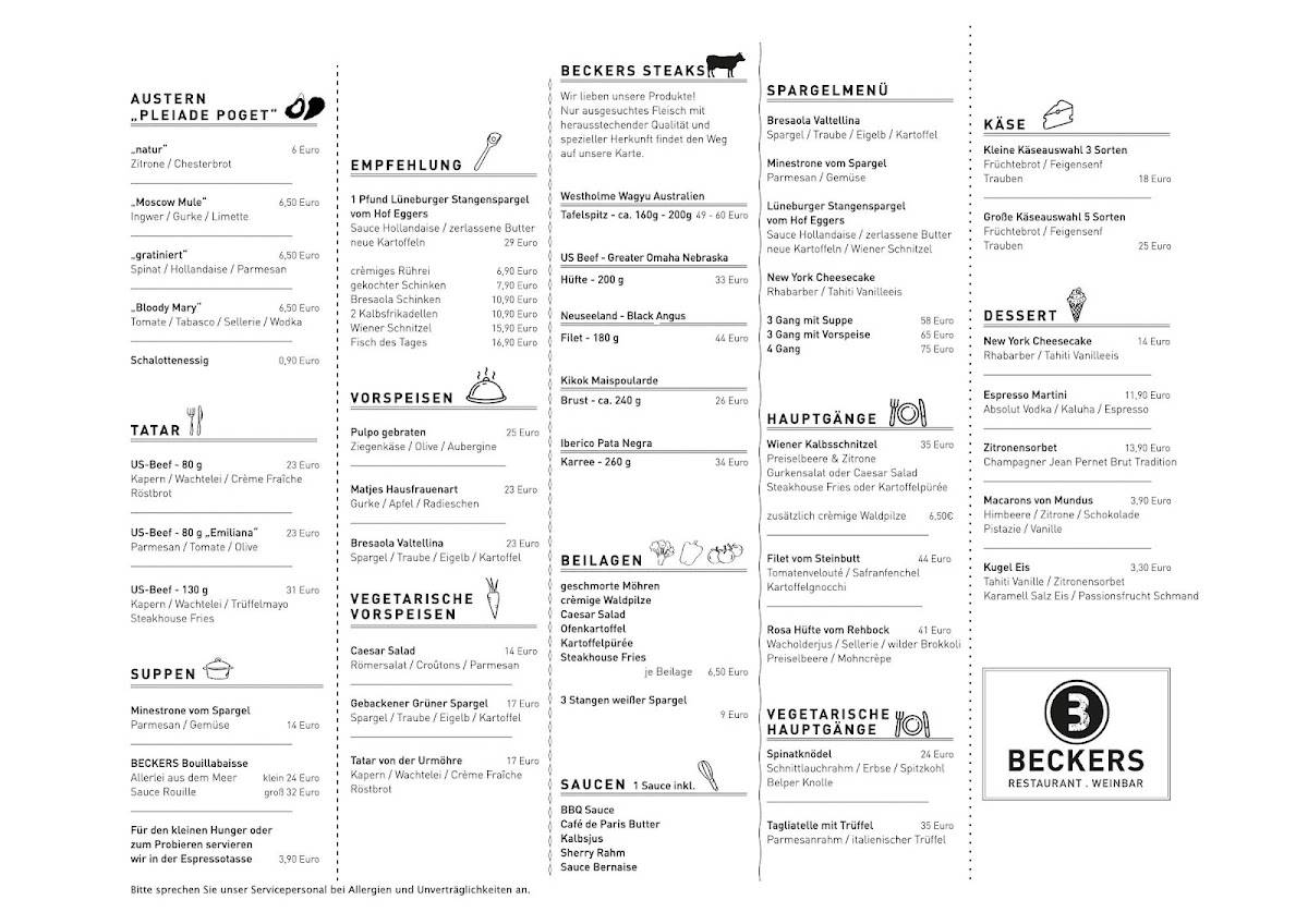 BECKERS Restaurant und Weinbar меню