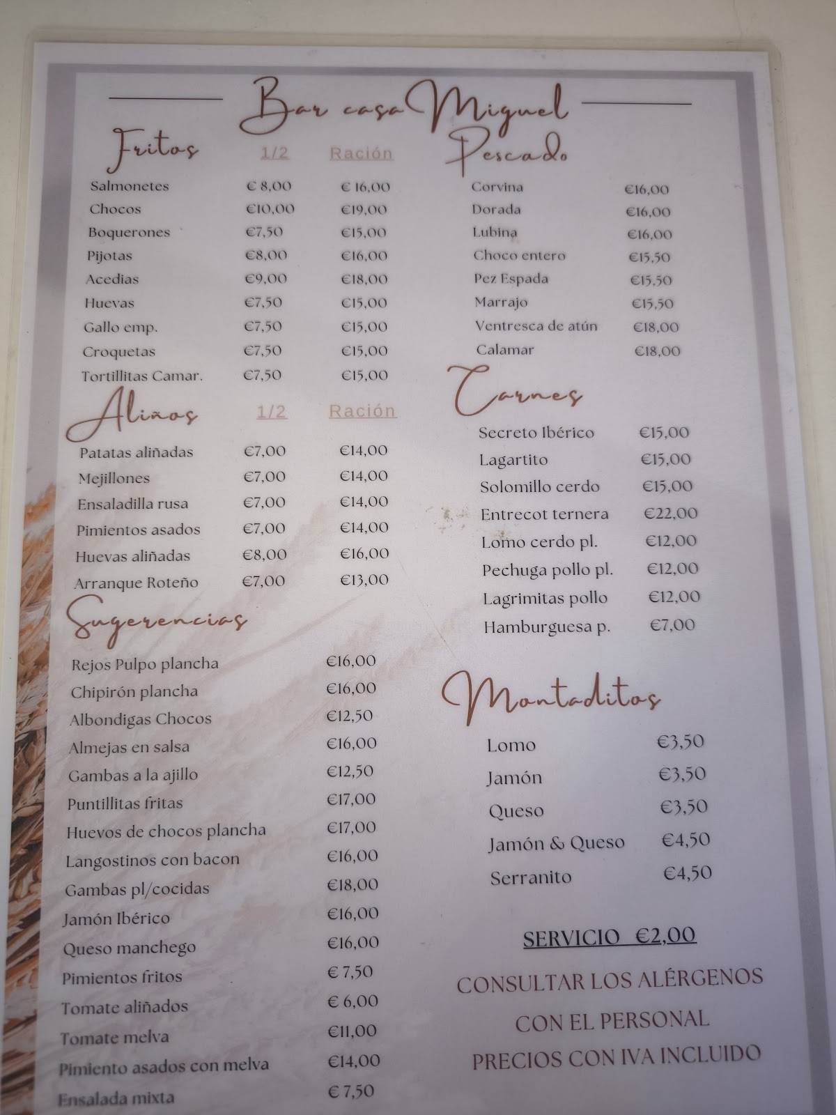 Bar Casa Miguel меню