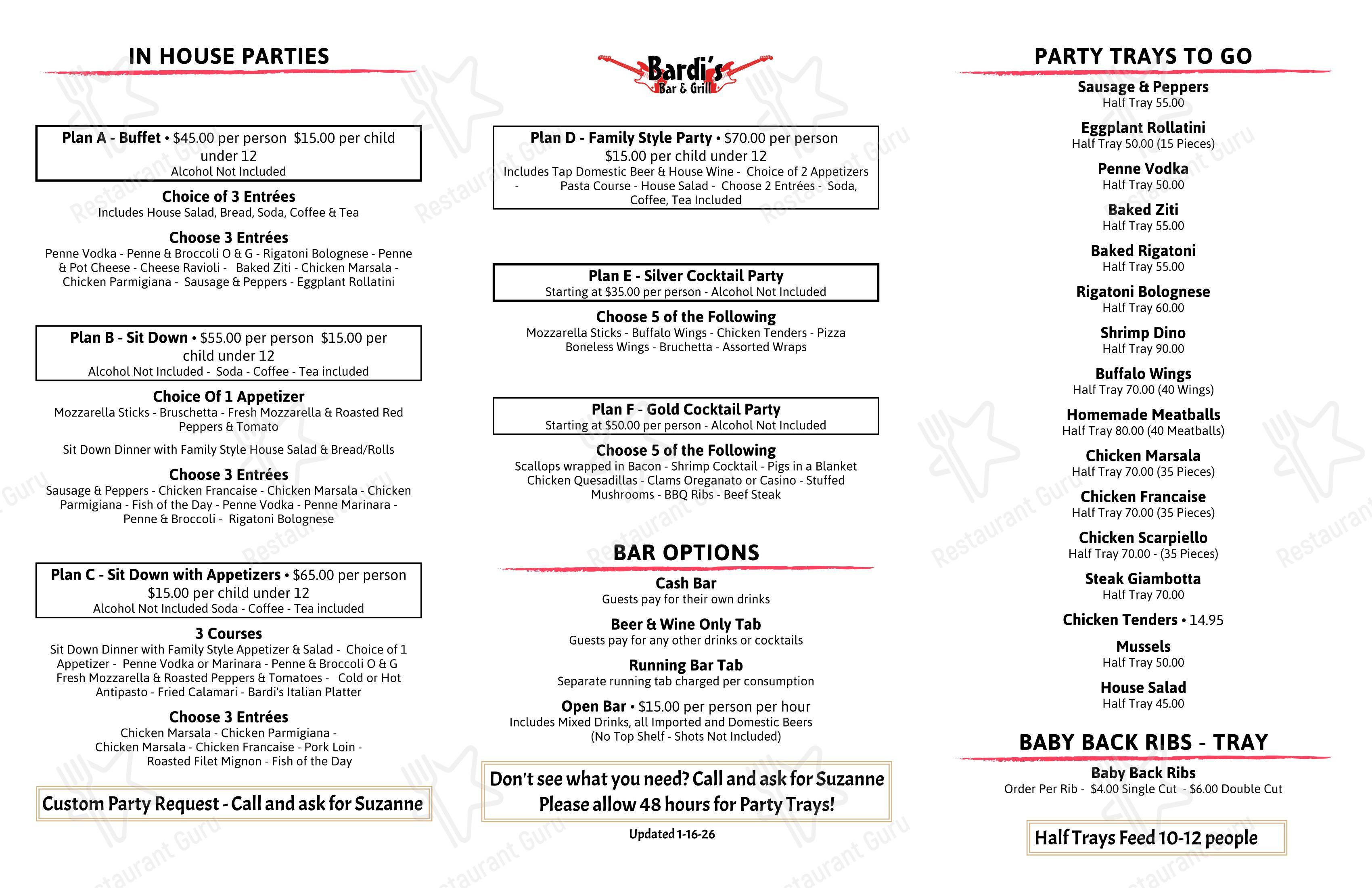 Bardi's Bar and Grill в Пекванноке Тауншип - Меню