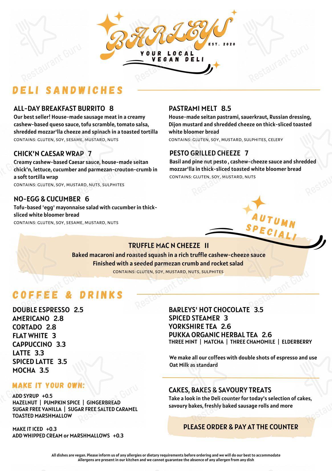 Меню кафе Barleys - Vegan Cafe & Coffee Shop - Меню