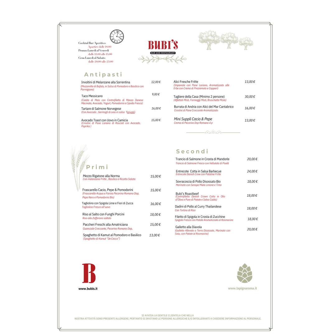 Bubi's Ristorante меню