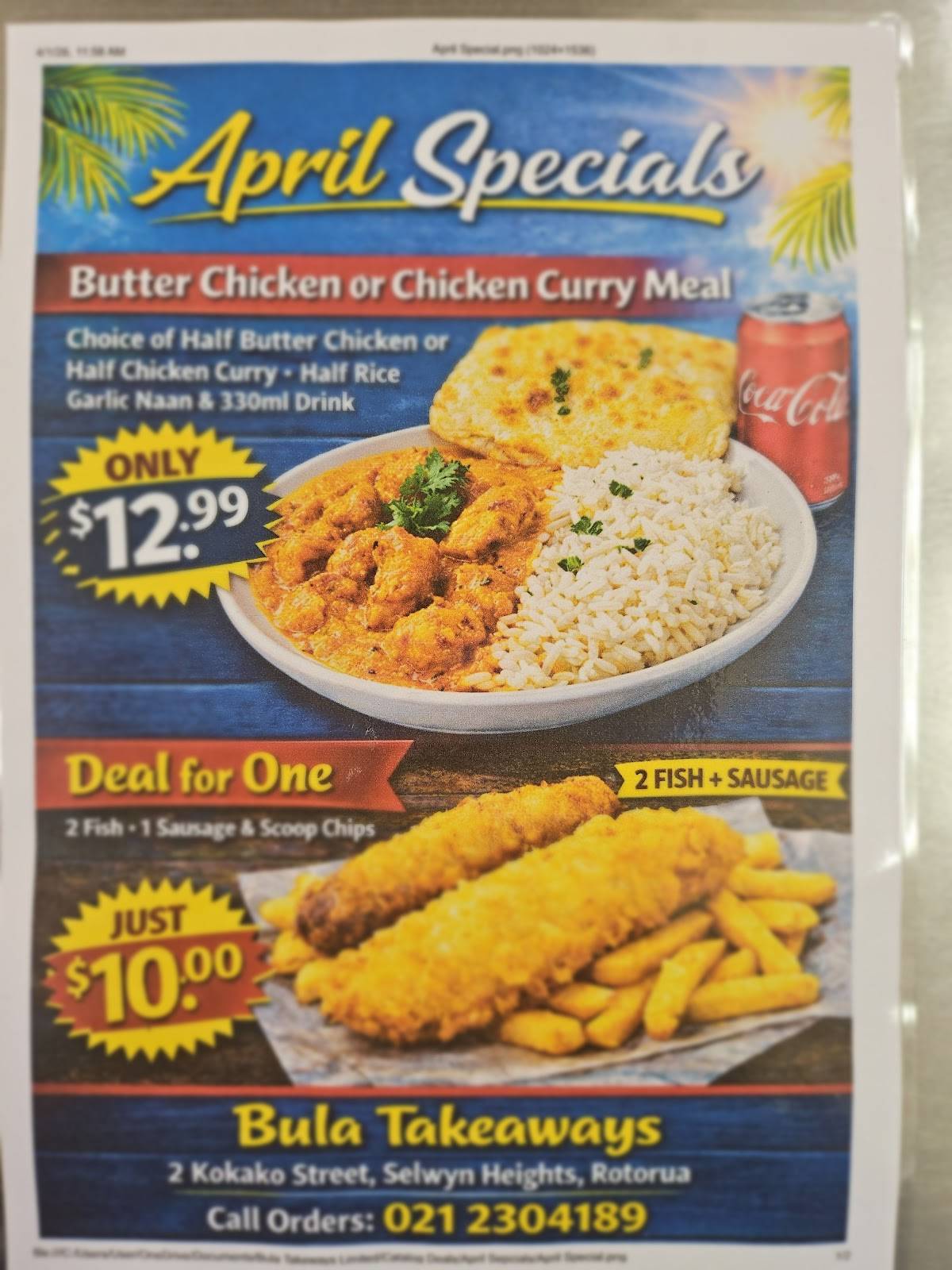 Bula Takeaways Rotorua меню