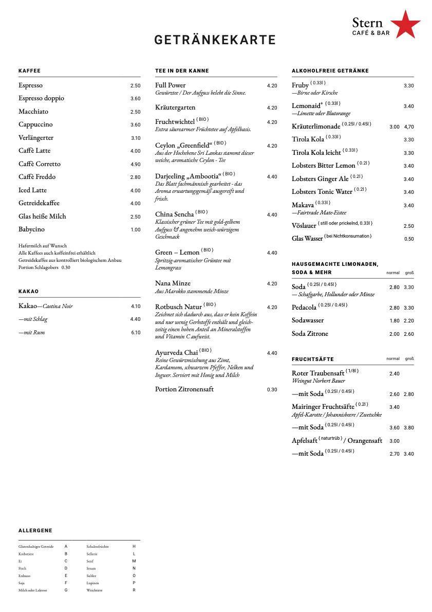 Cafe Bar Stern меню