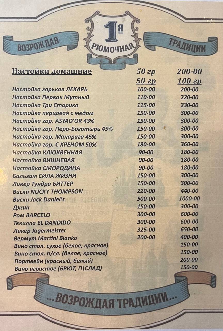 Первая рюмочная меню