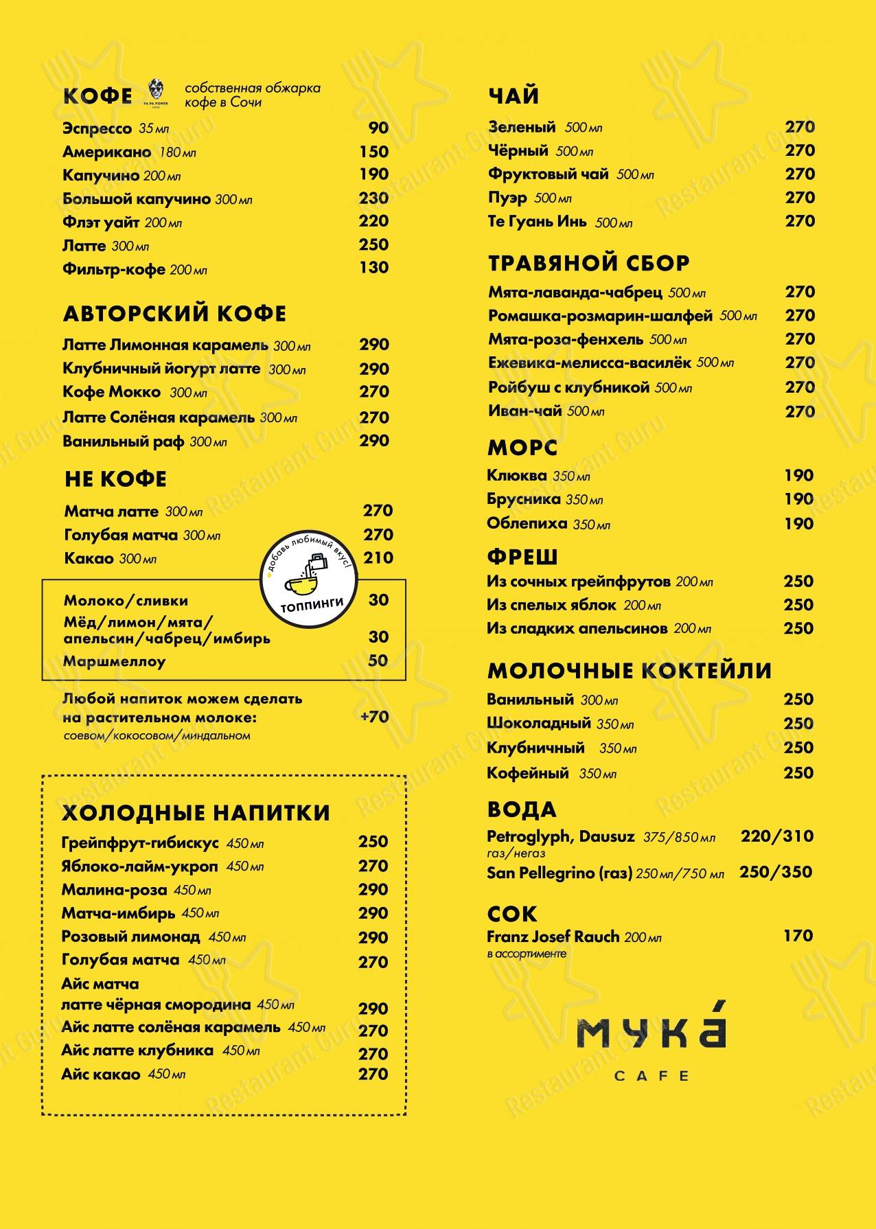 Меню для посетителей кафе Мука