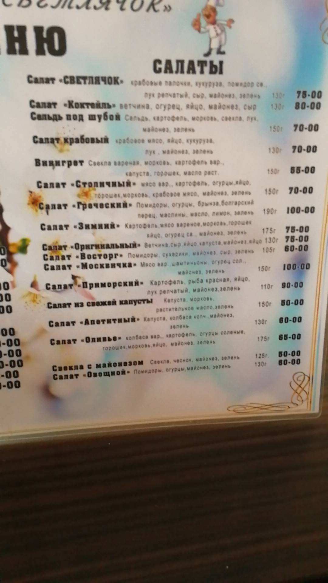 Светлячок меню