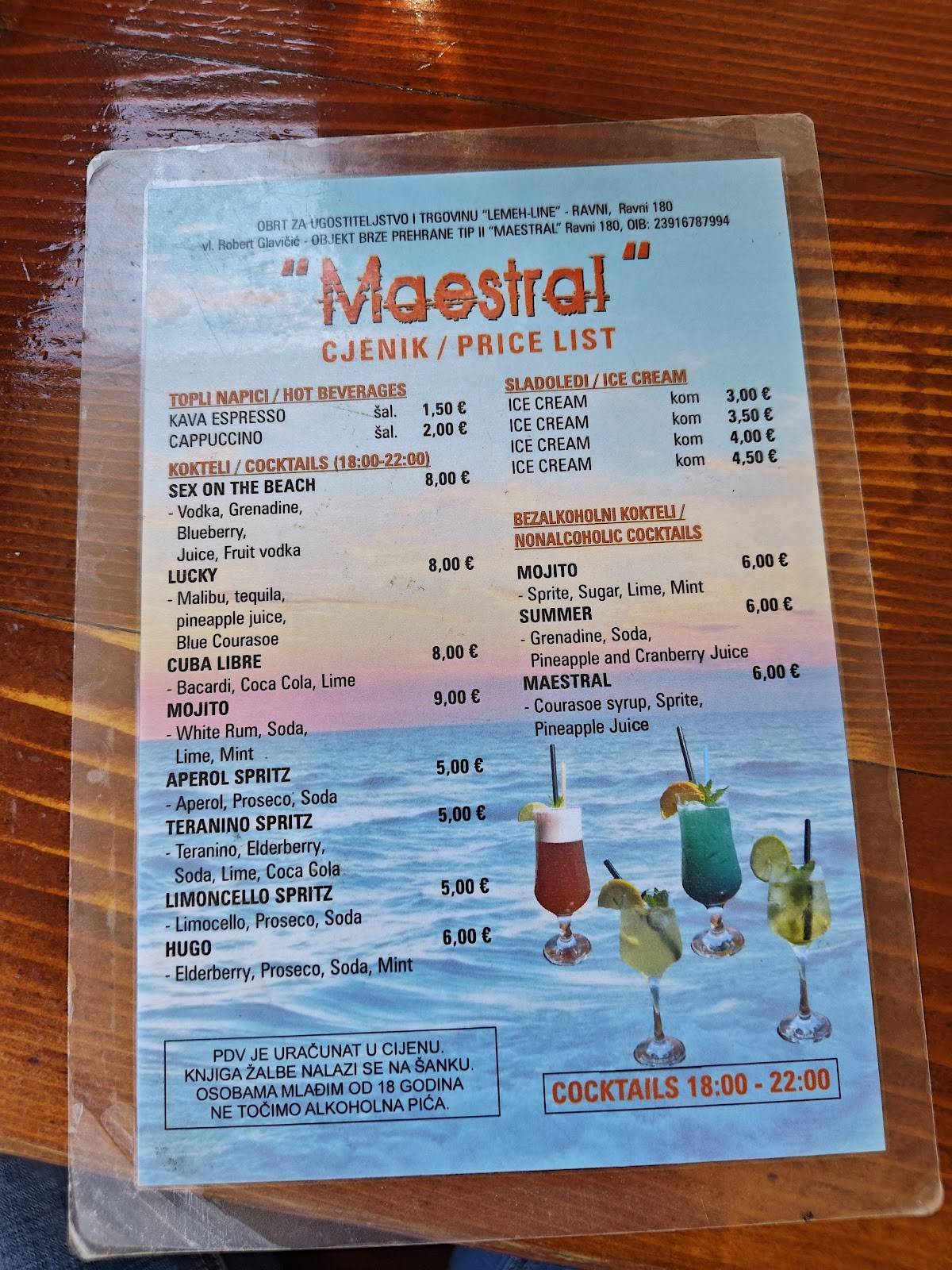 Cafe bar меню