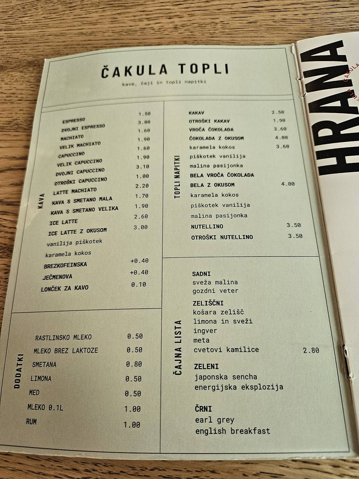 Čakula bar меню