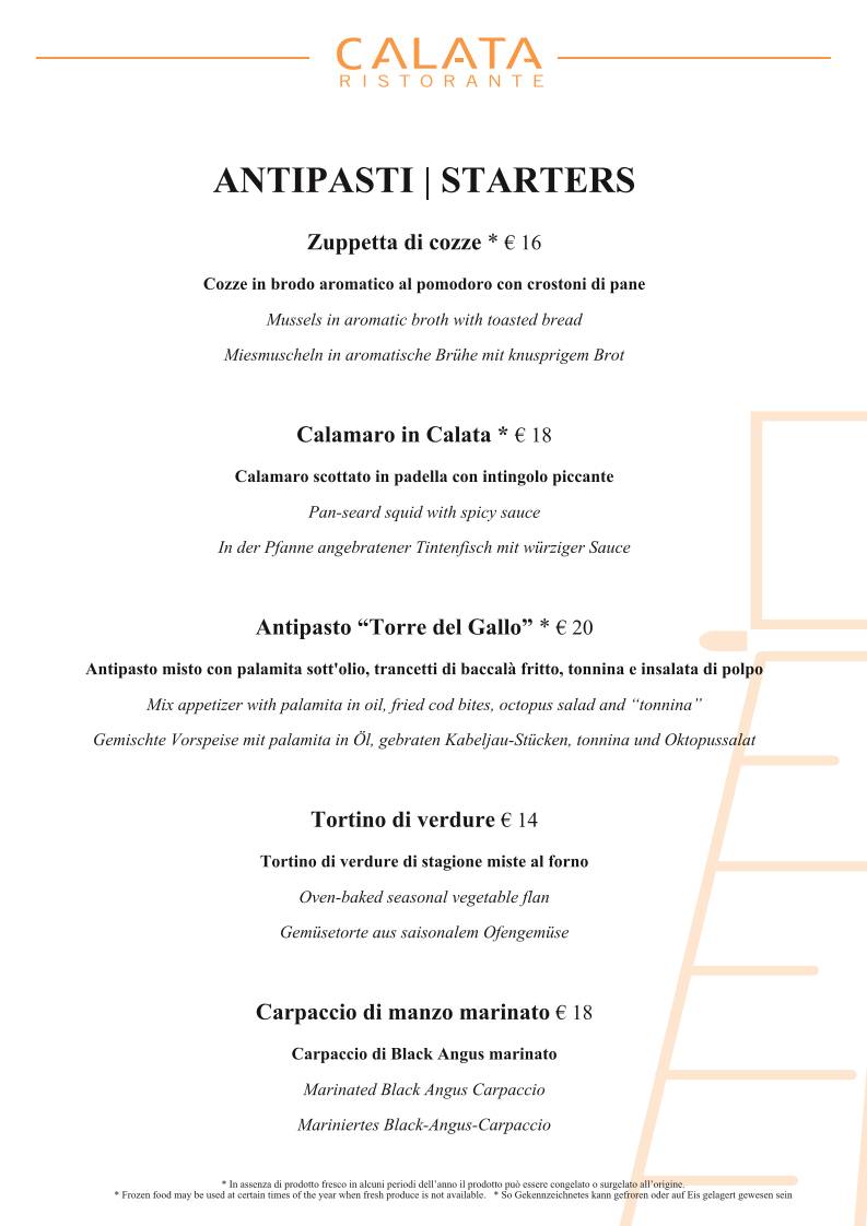 Calata Ristorante меню