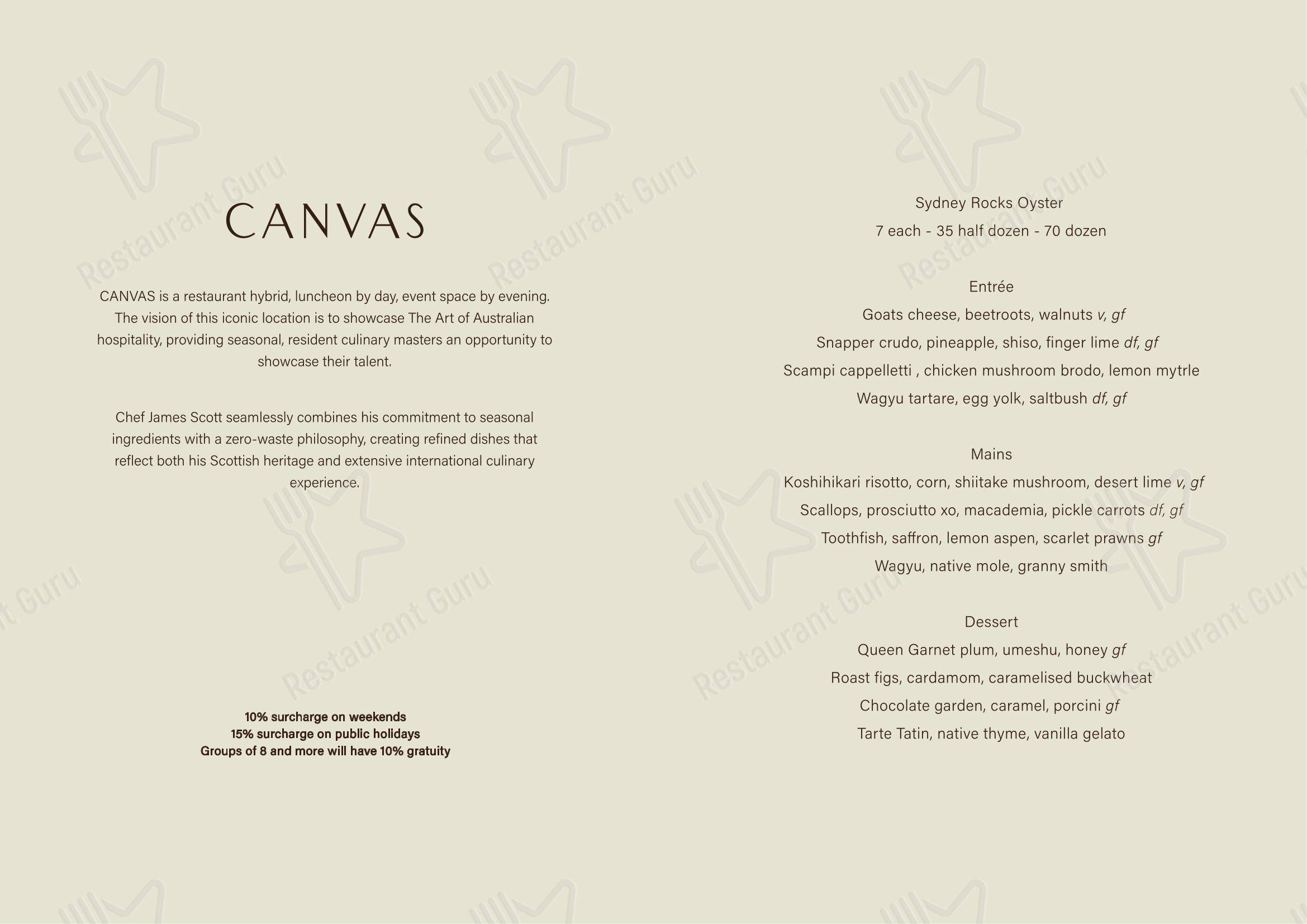 Меню ресторана Canvas - Основное меню