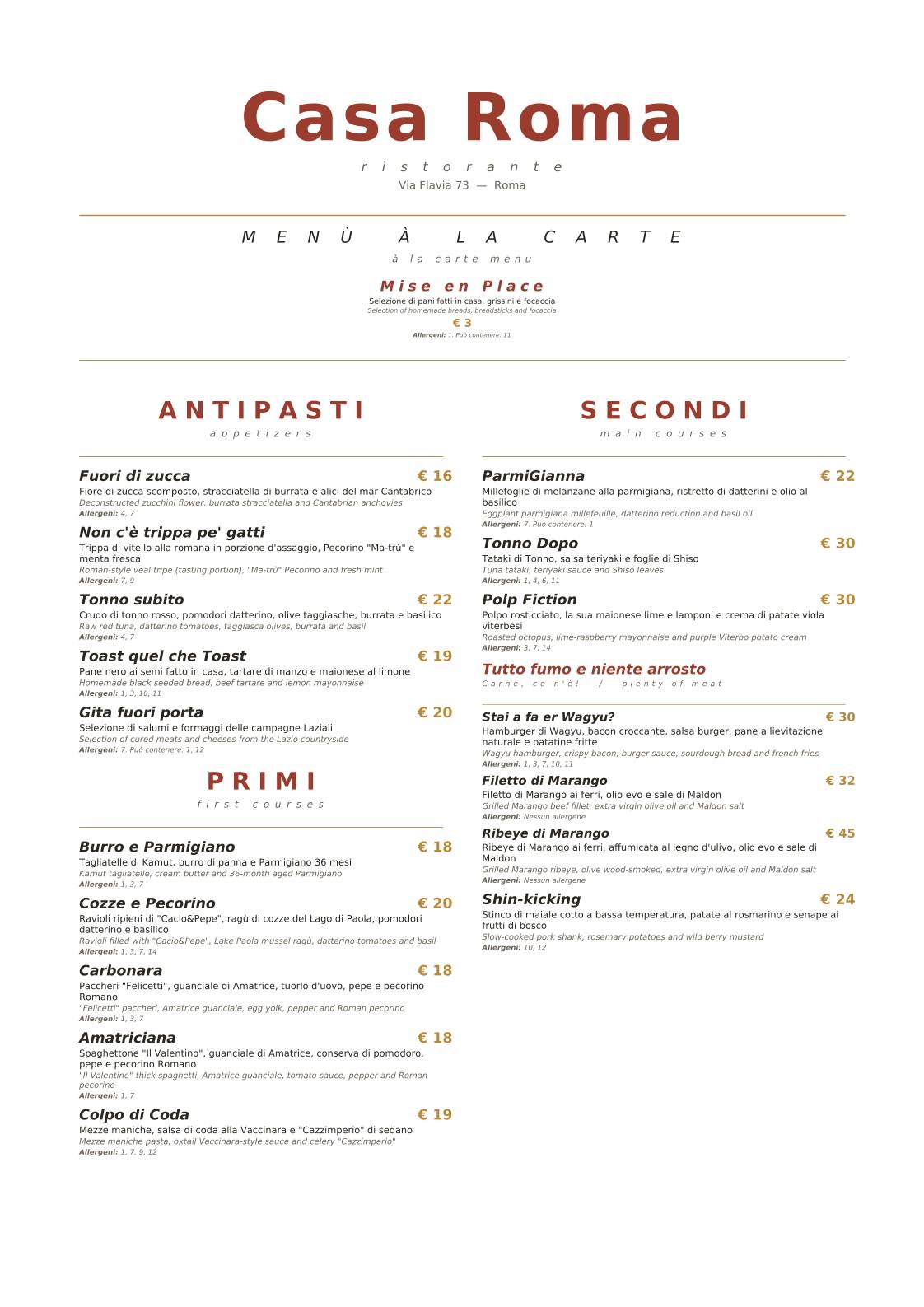 Casa Roma Restaurant Music & Food меню