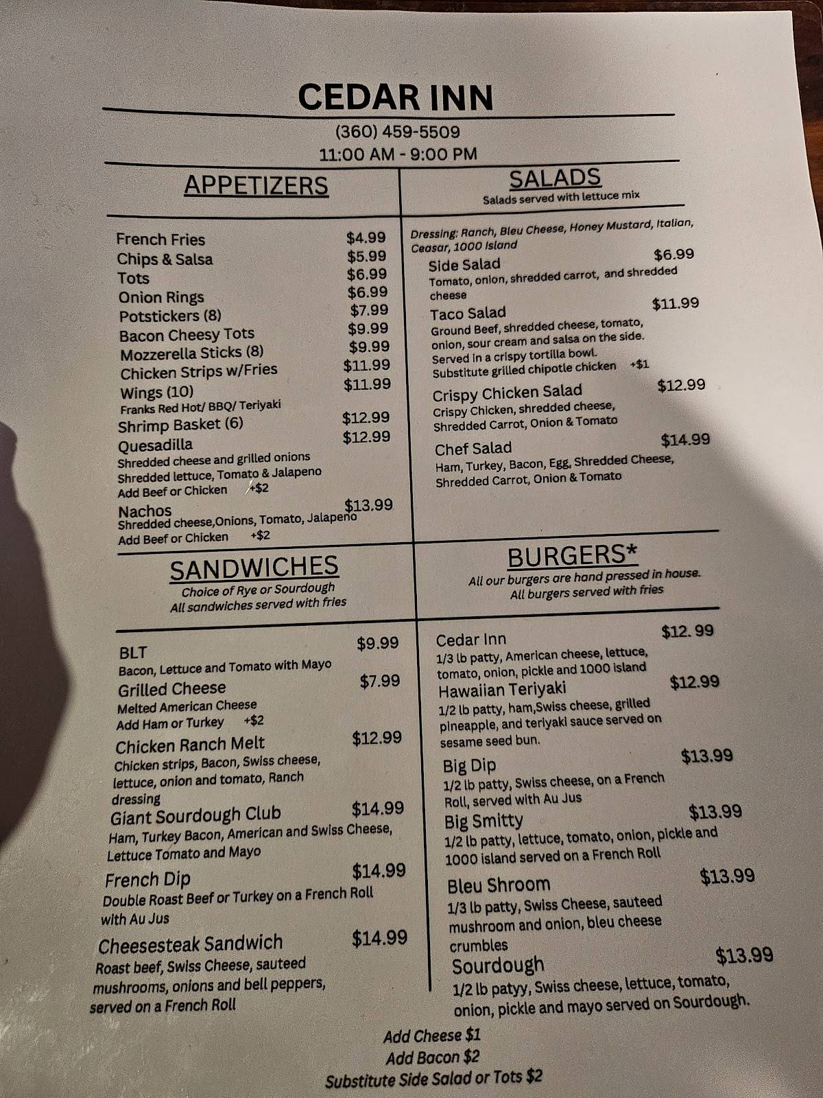 Cedar Inn Tavern меню