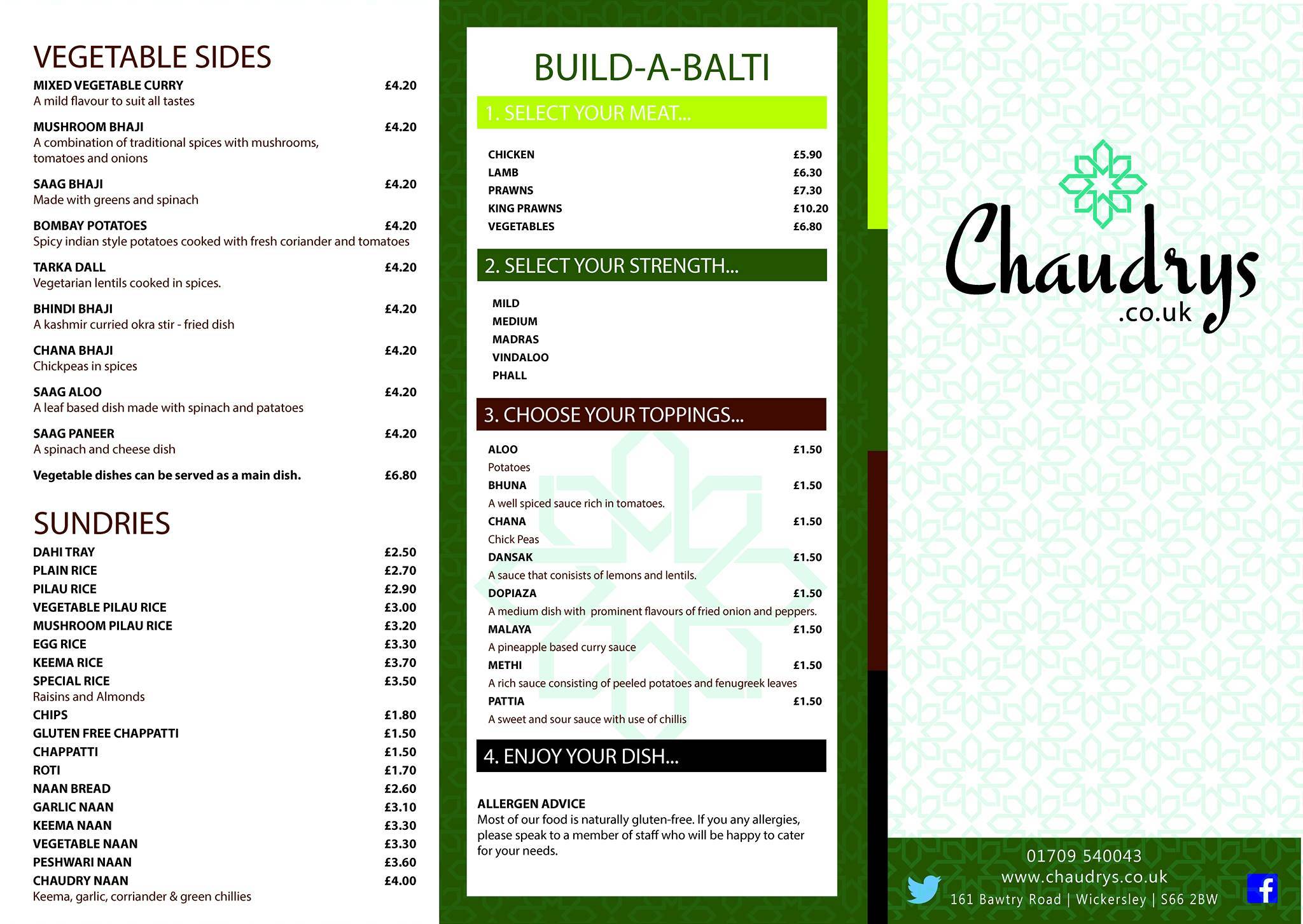 Chaudrys Take-Away меню