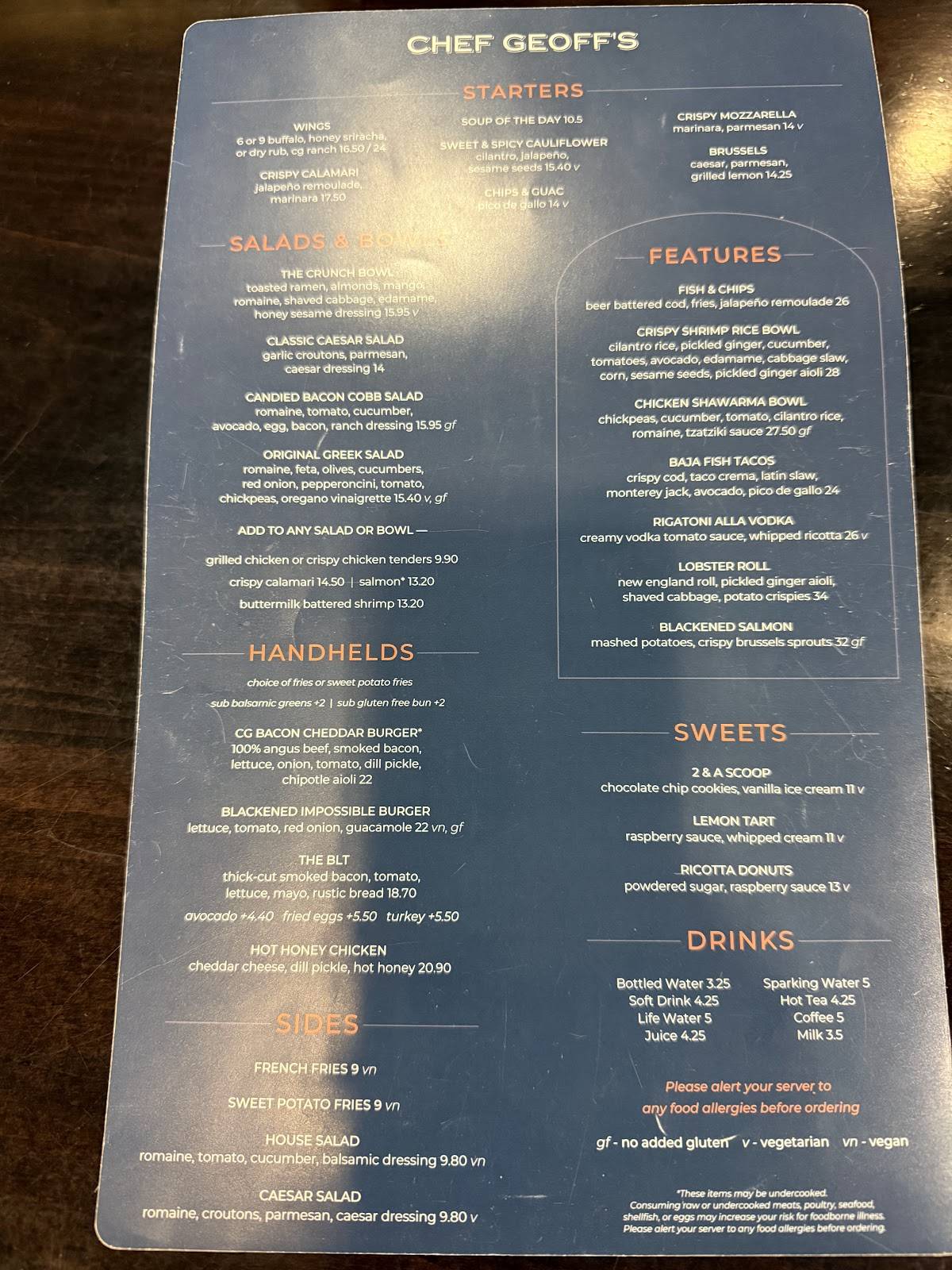 Chef Geoff’s меню
