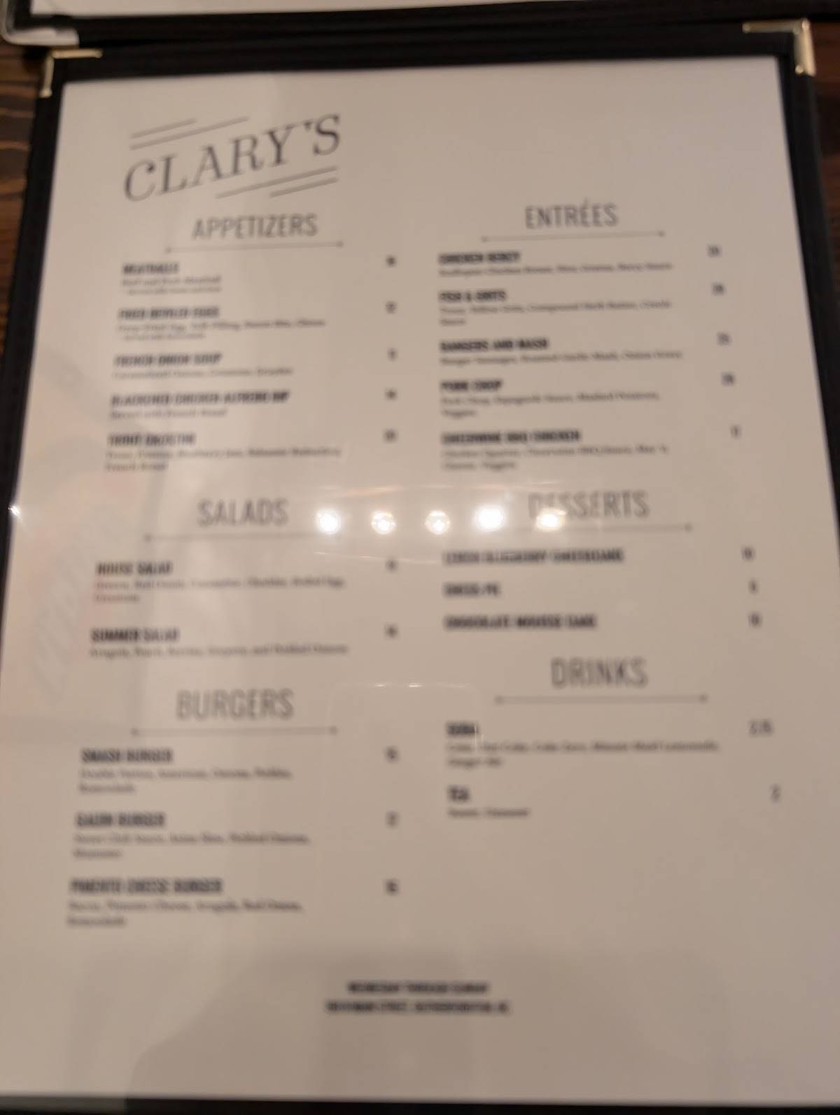 Clarys Farm to Table меню