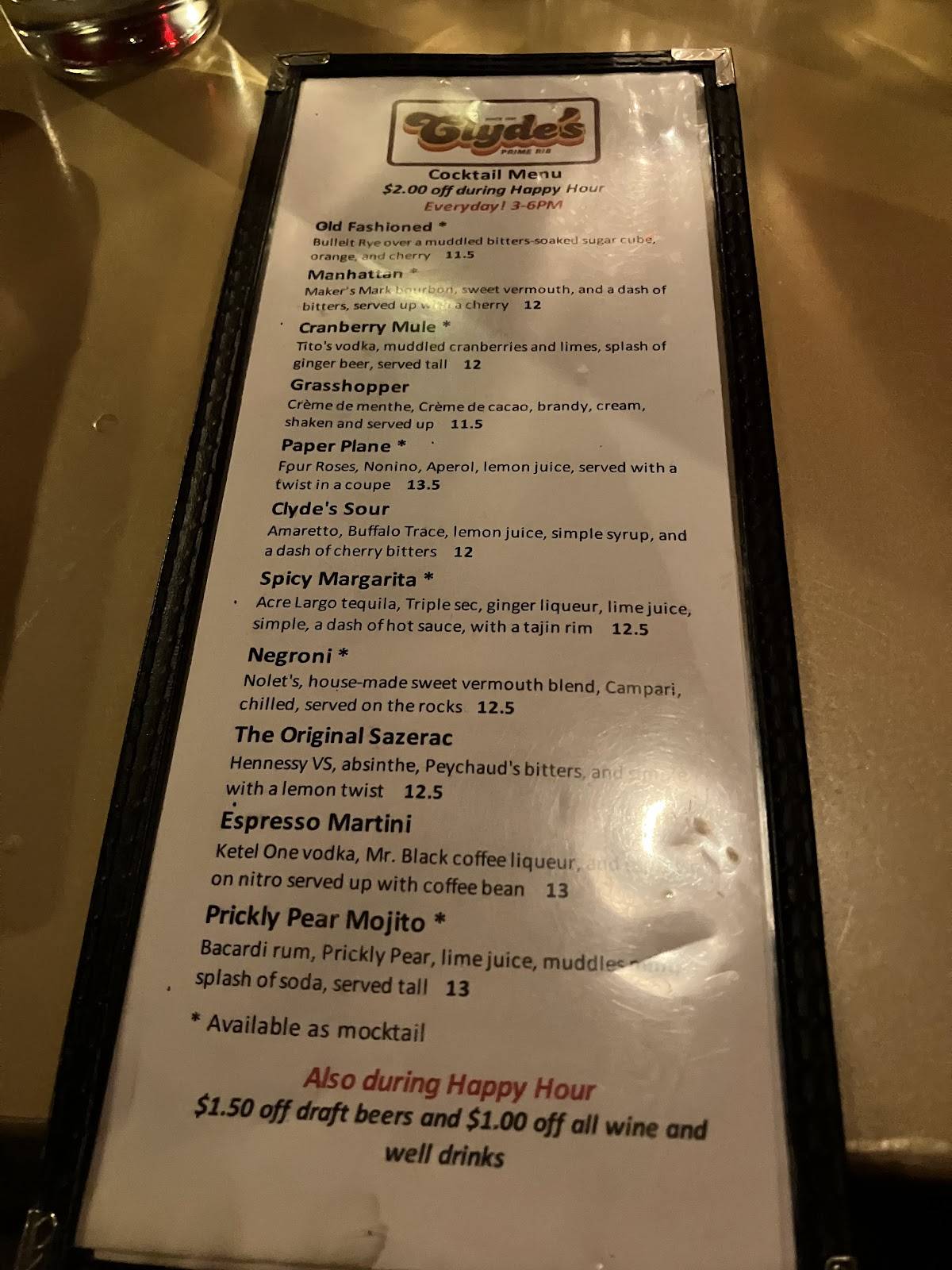 Clyde's Prime Rib Restaurant and Bar меню