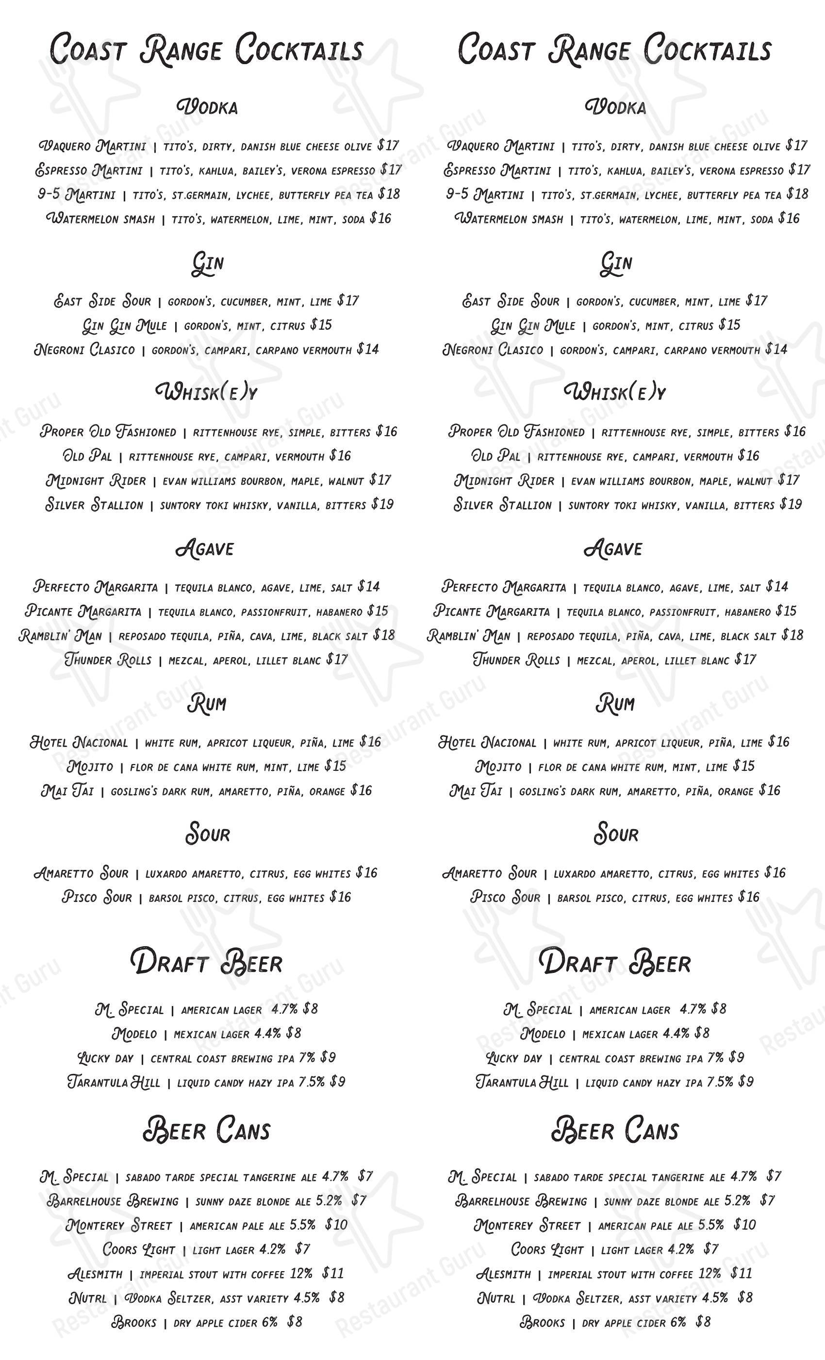 Table Menu паба и бара Coast Range в Солванге
