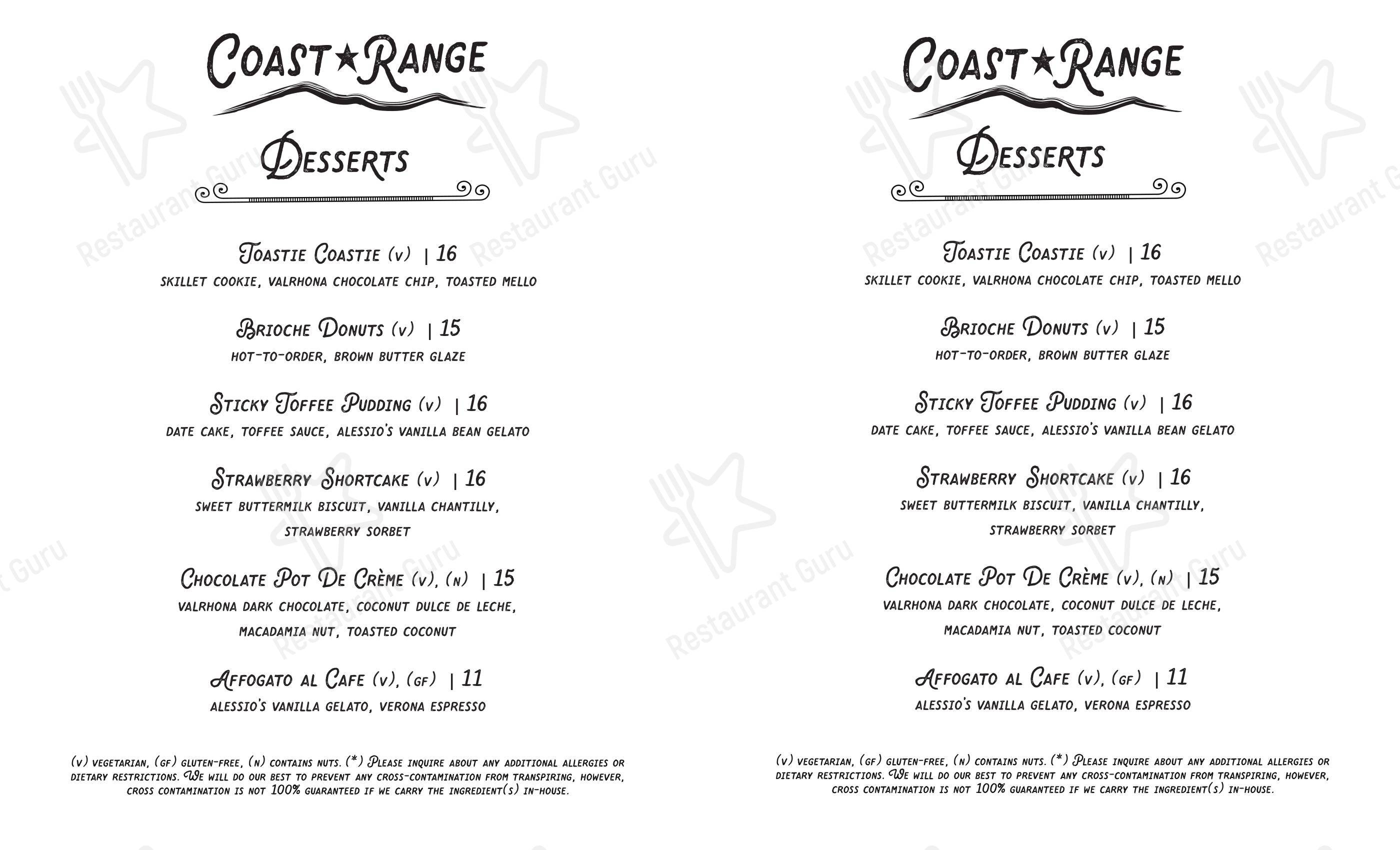 Dinner Menu паба и бара Coast Range