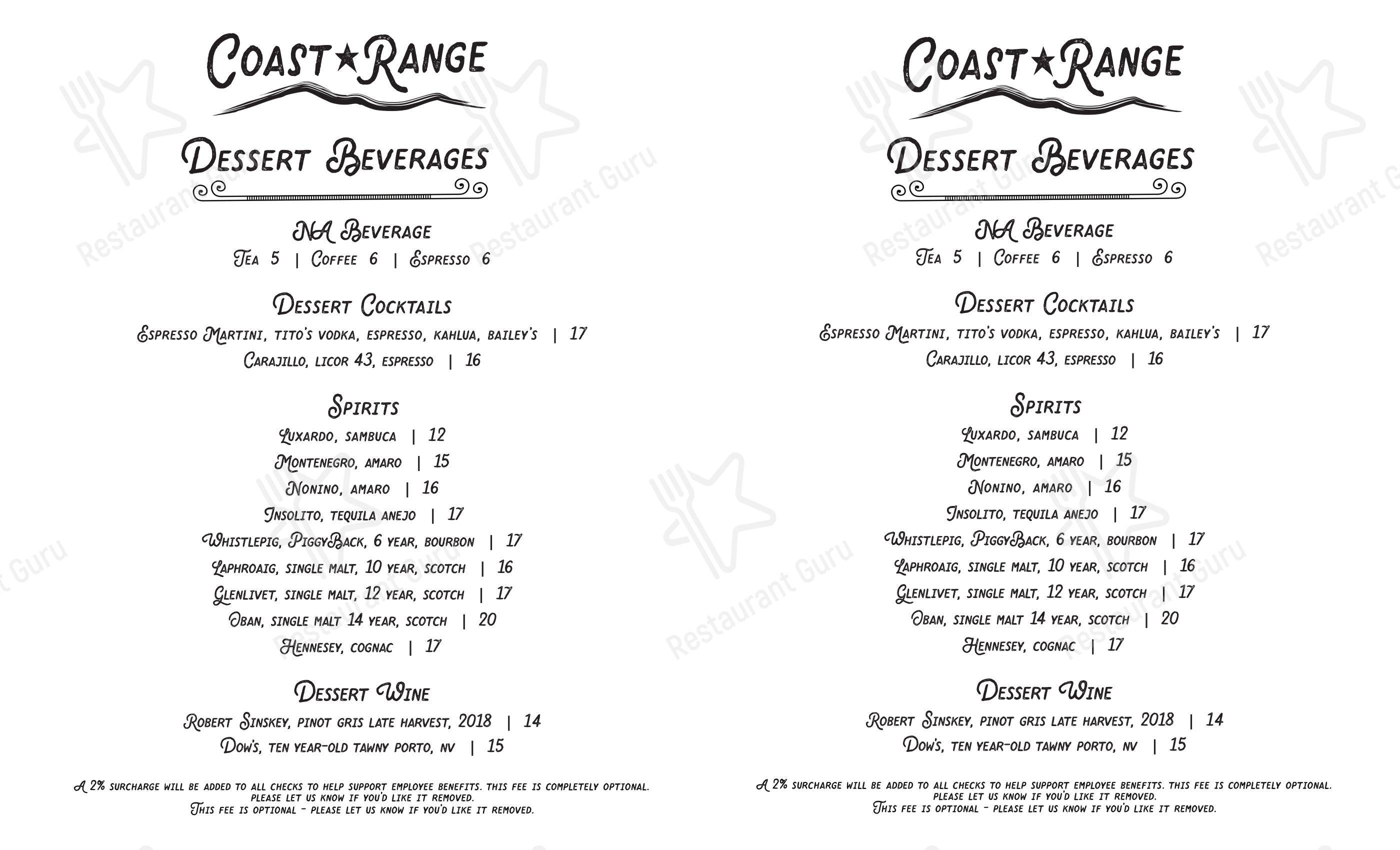 Takeaway Menu паба и бара Coast Range в Солванге