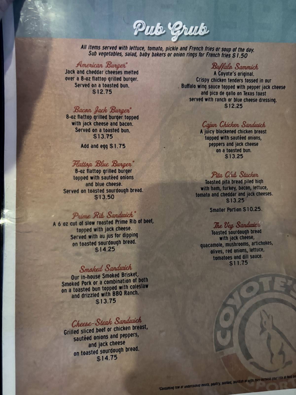 Coyote's Adobe Café меню