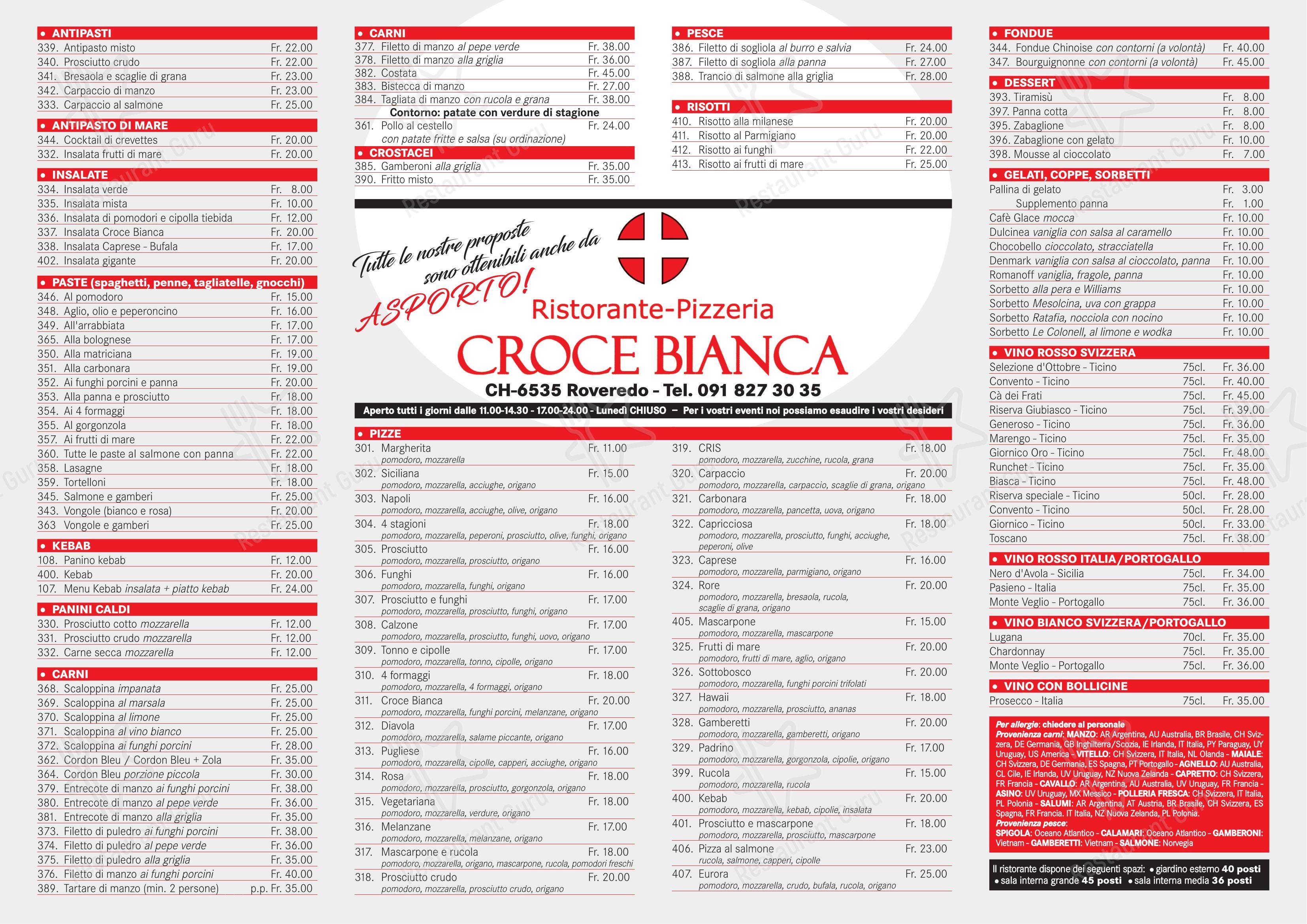 Меню напитков ресторана Croce Bianca в Ровередо