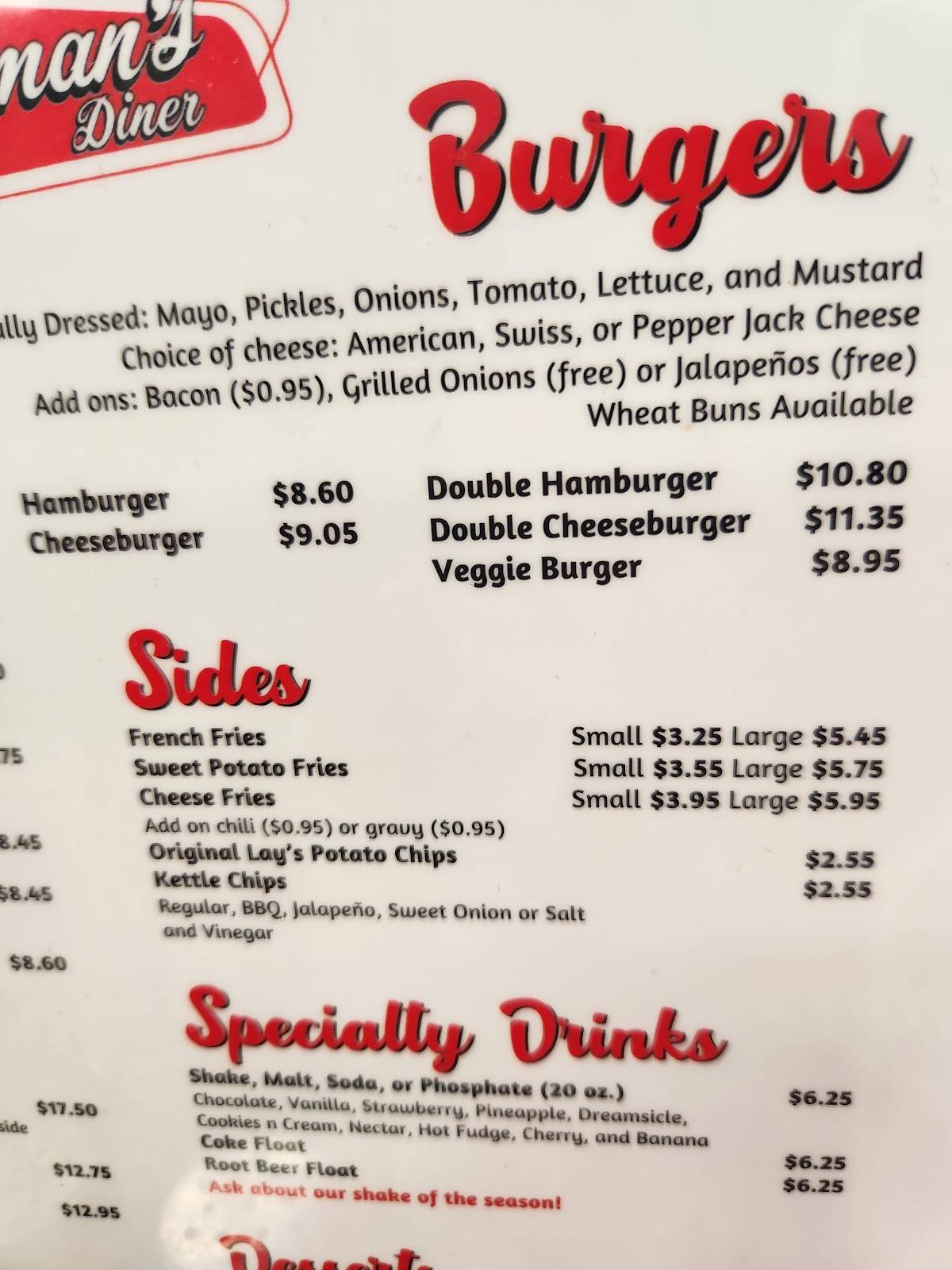 Dearman’s Diner меню