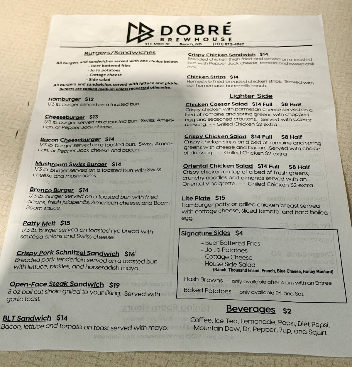 Dobré Brewhouse меню