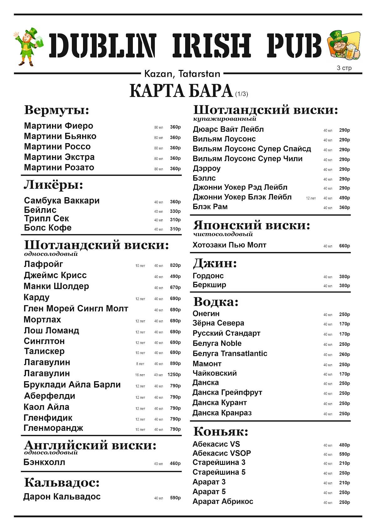 Дублин меню