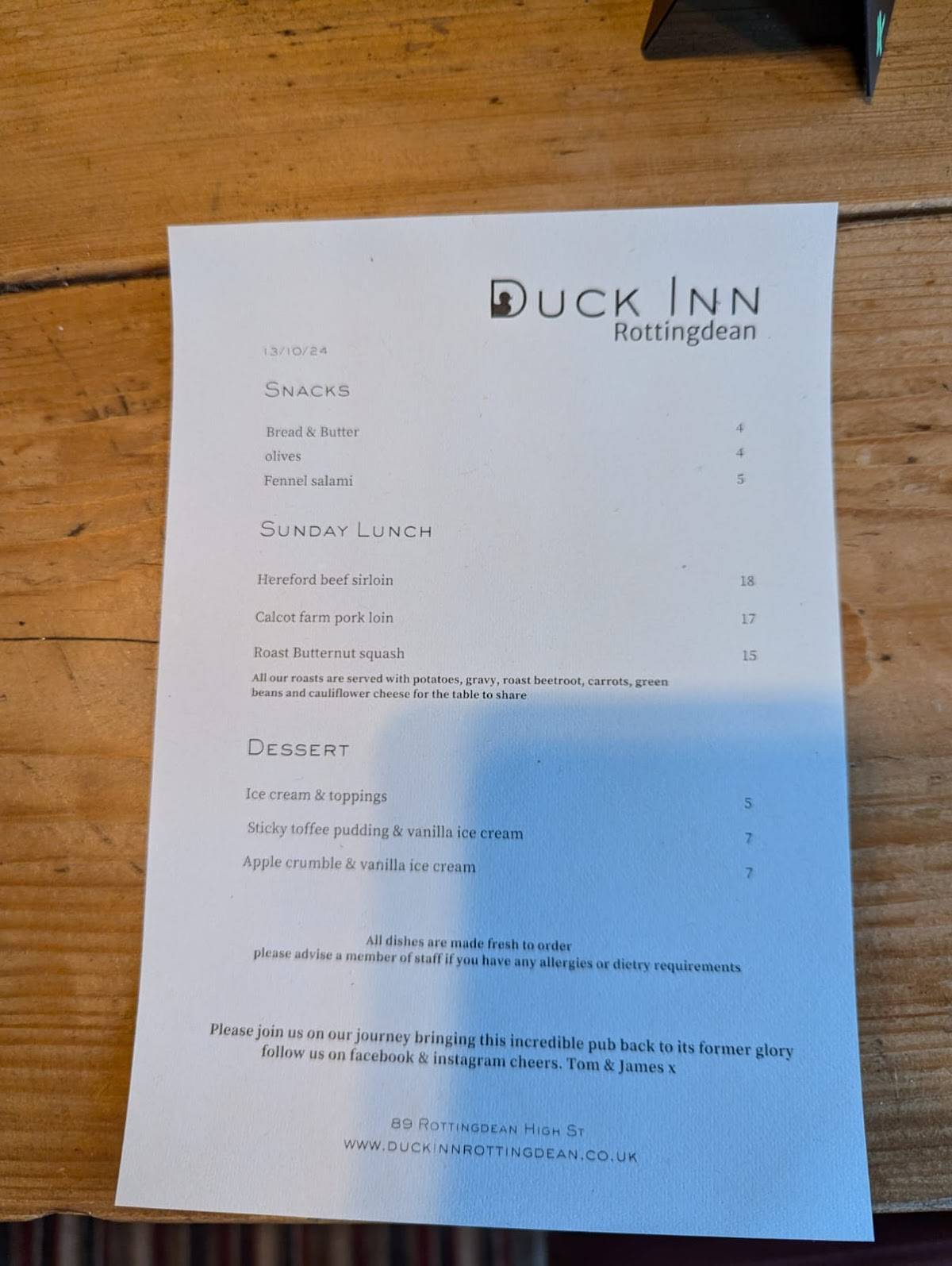 Duck Inn меню