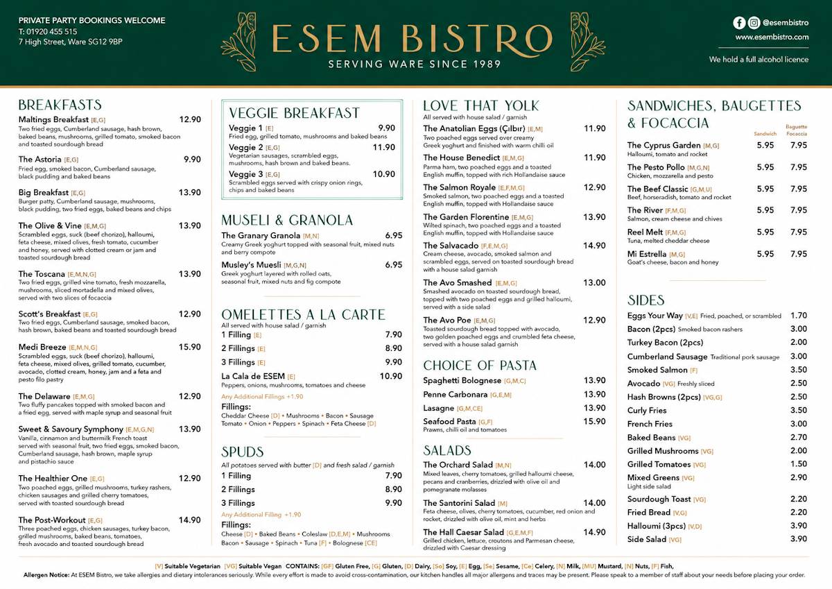 ESEM Bistro меню