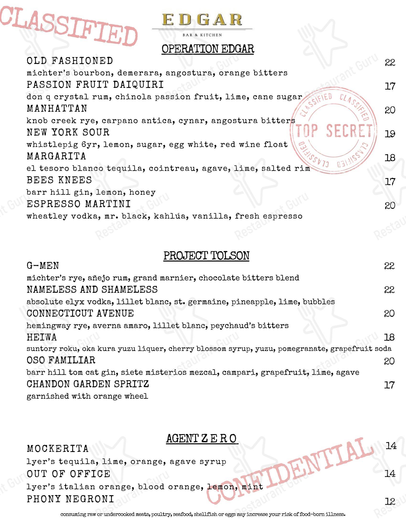 Меню паба и бара Edgar Bar & Kitchen в Вашингтоне