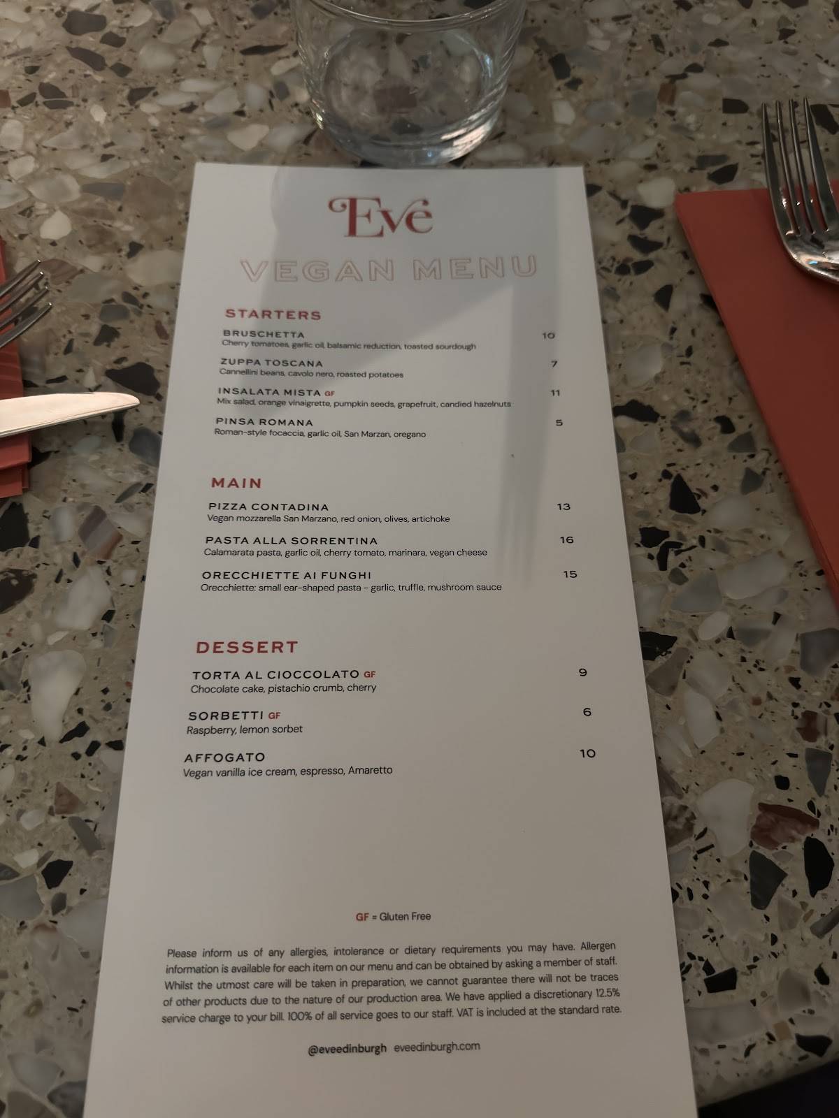 Eve Edinburgh меню