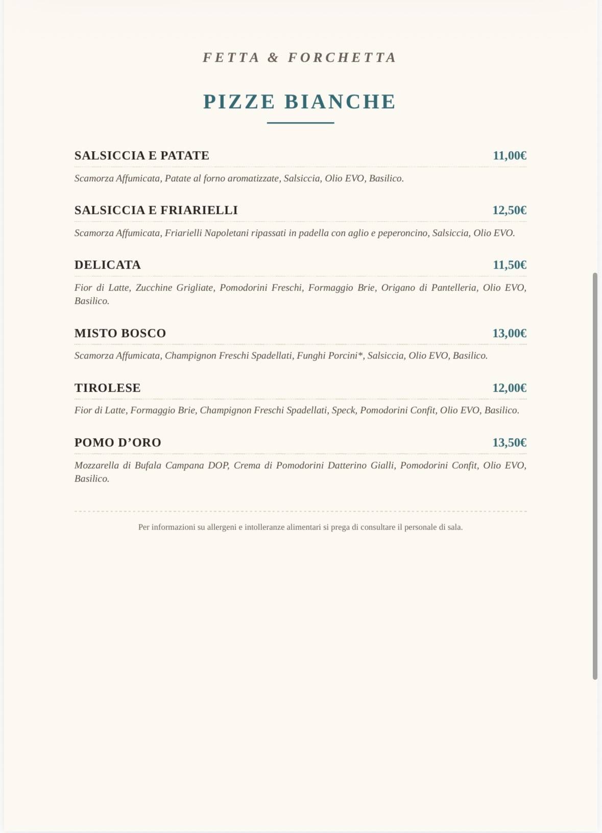 Fetta e Forchetta Pizzeria Ristorante меню