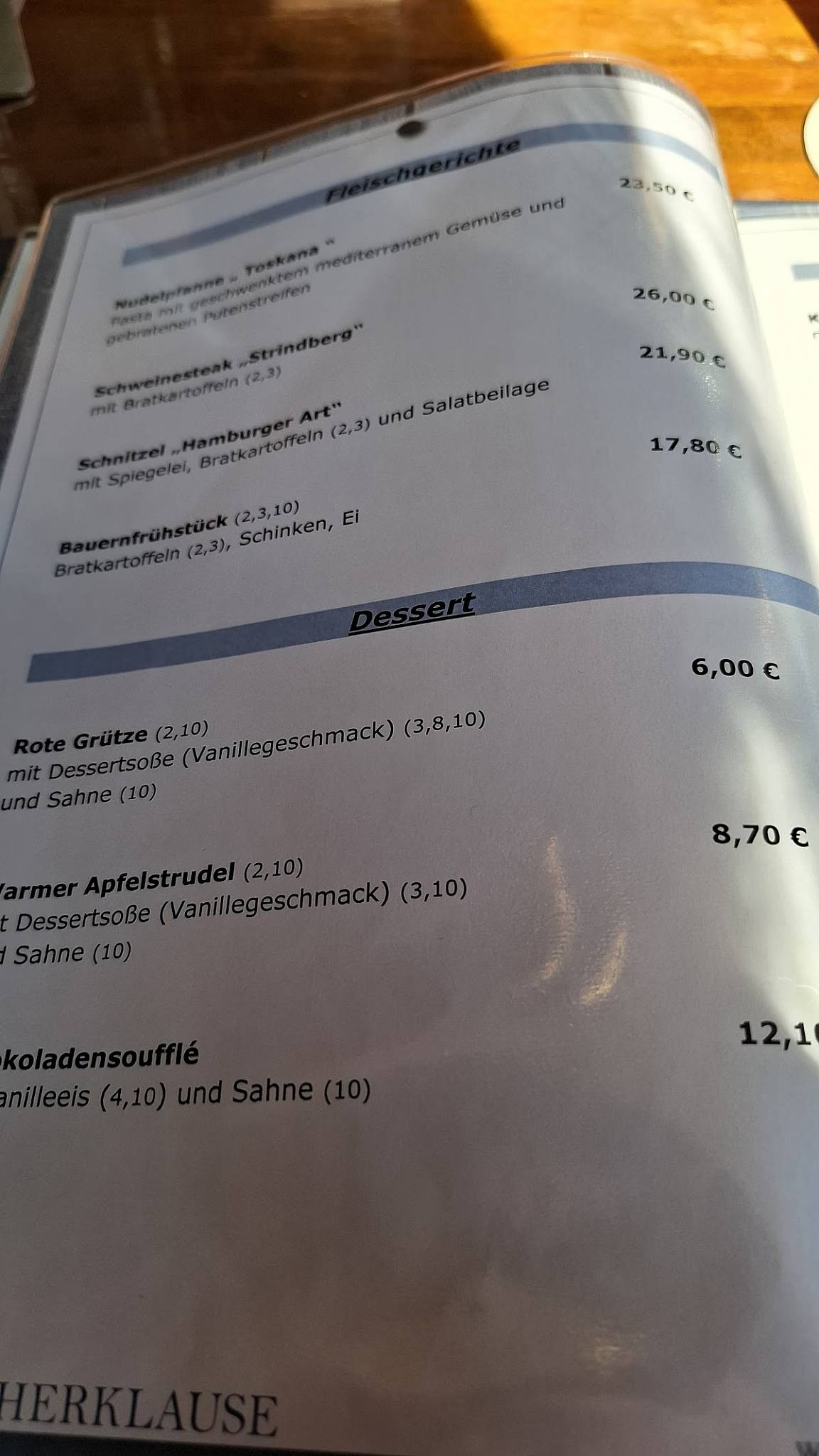 Fischerklause меню